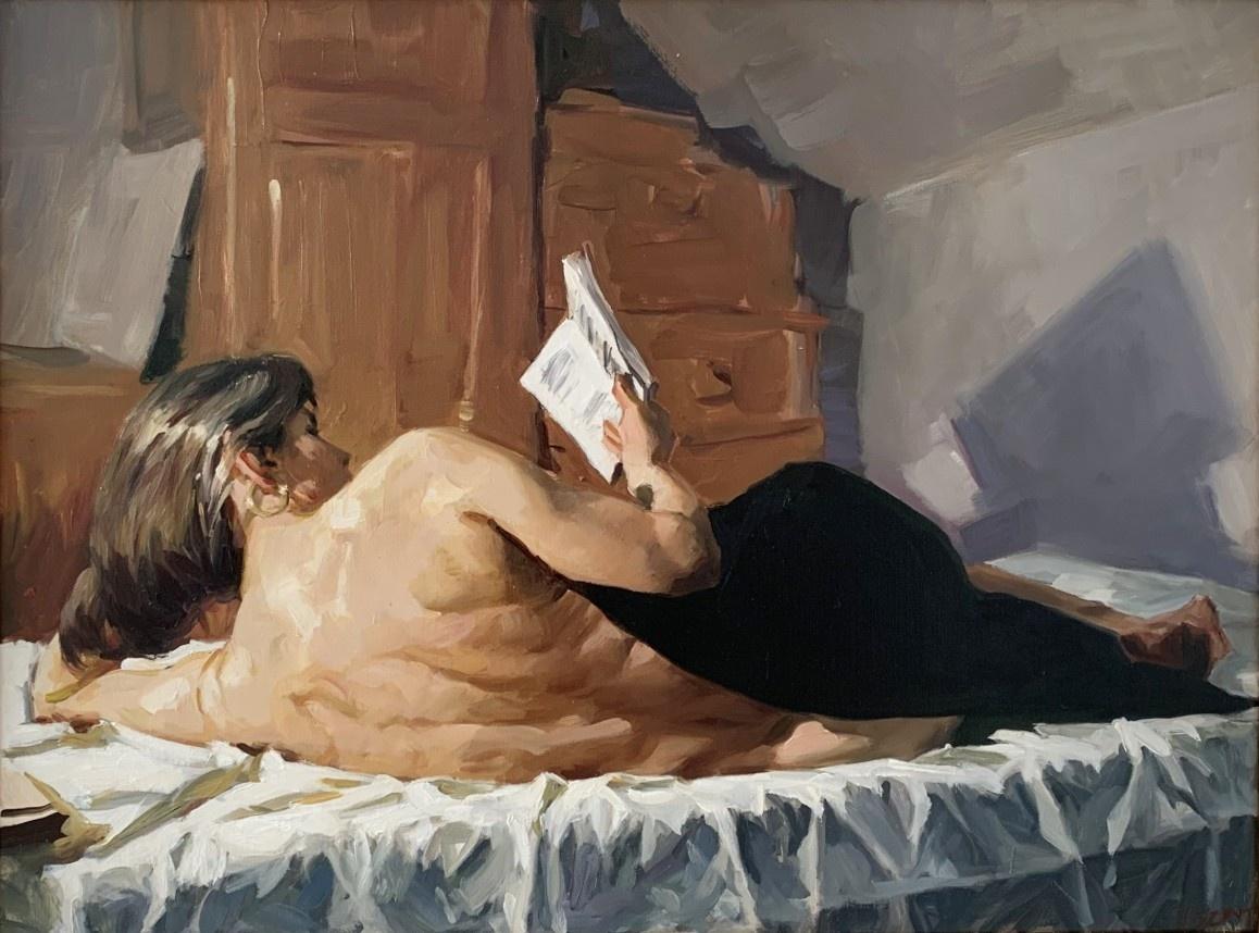 Nude Painting Janusz Szpyt - Reading - Peinture à l'huile d'un portrait de femme nue, réaliste, artiste polonaise