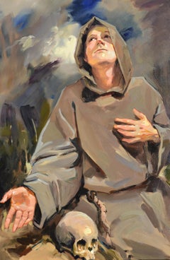 St Francis - 21ème siècle, peinture à l'huile contemporaine de portrait, réaliste