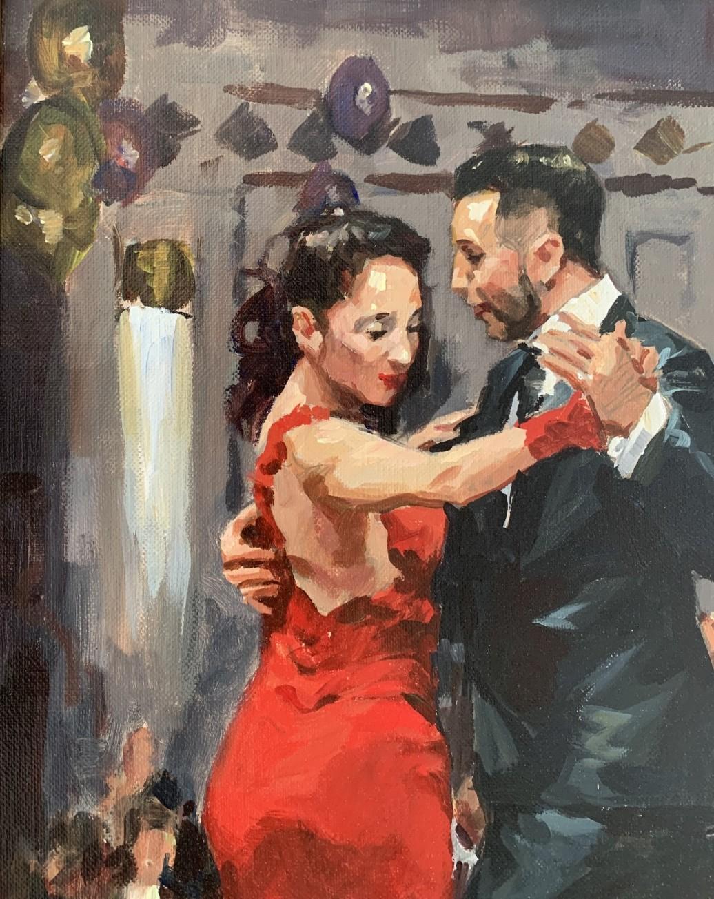 Tango - Peinture à l'huile contemporaine d'un portrait réaliste, artiste polonais - Gris Figurative Painting par Janusz Szpyt