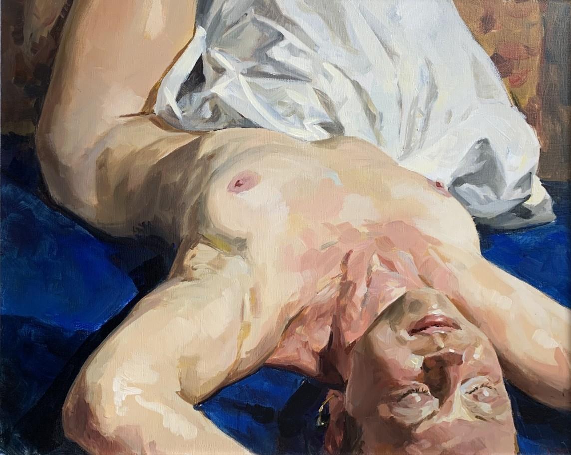 Peinture à l'huile réaliste d'un portrait de femme nue, Upside down, artiste polonais