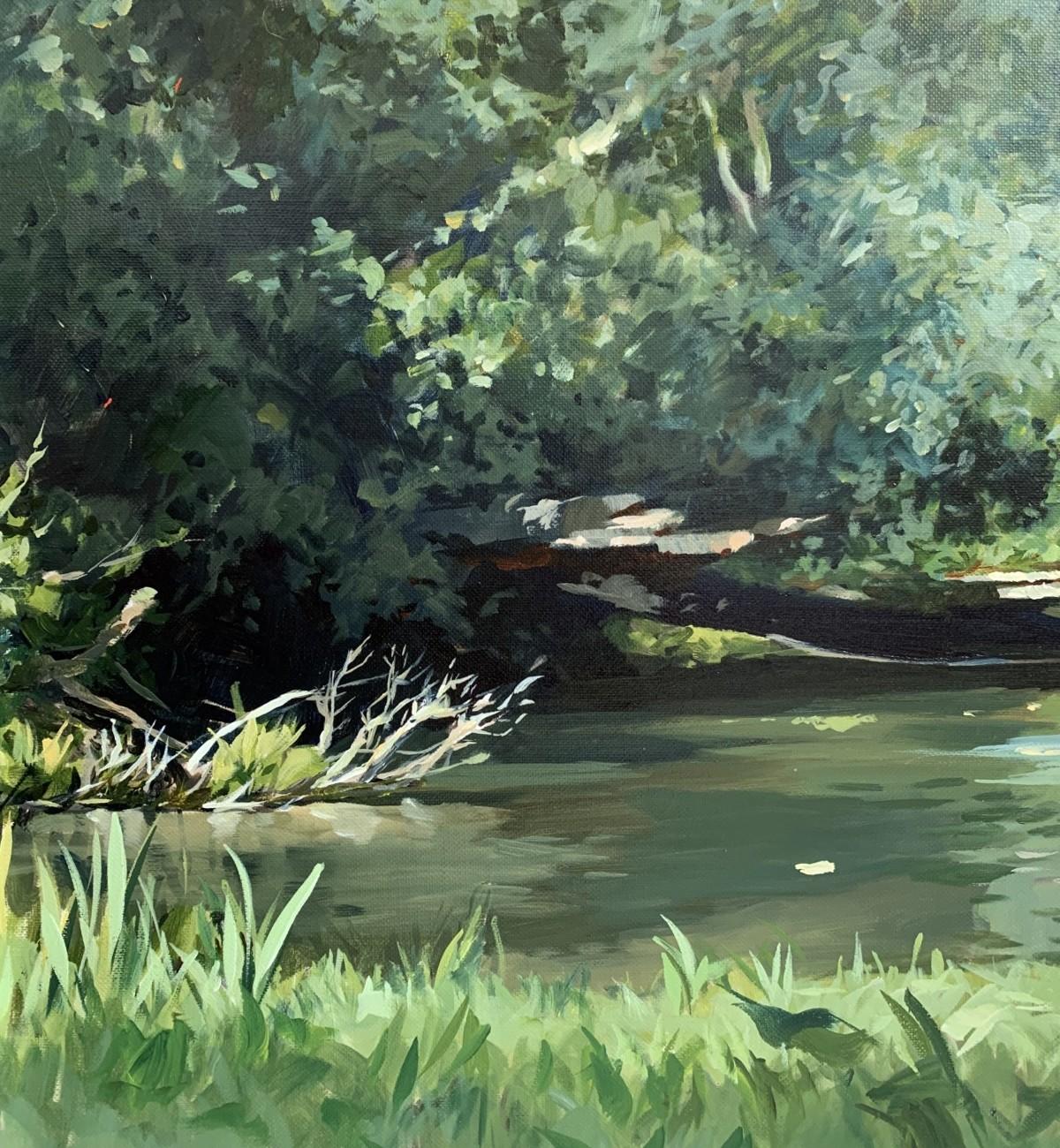 Warta river bend - Waterscape Landscape Oil Painting, Realistic, Polish artist - Gray Figurative Painting by Janusz Szpyt
