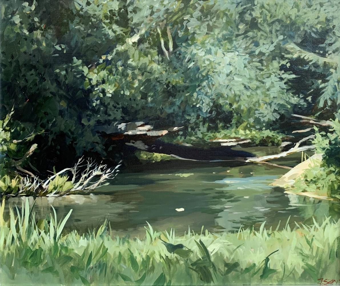 Janusz Szpyt Figurative Painting - Warta river bend - Waterscape Landscape Oil Painting, Realistic, Polish artist