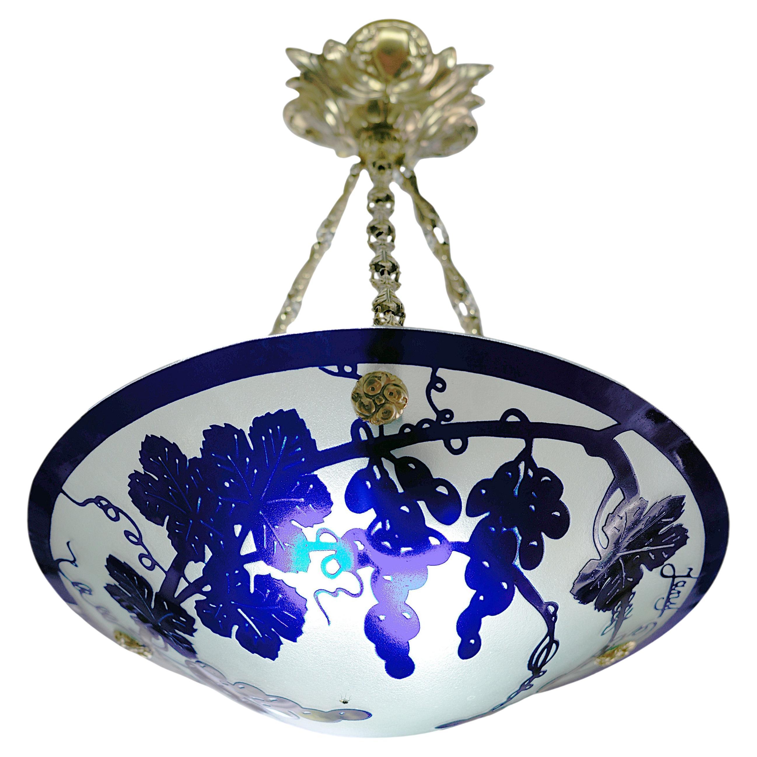 JANY Art Deco Pendant Chandelier, Etched Glass 
Brass, France, 1920 For Sale