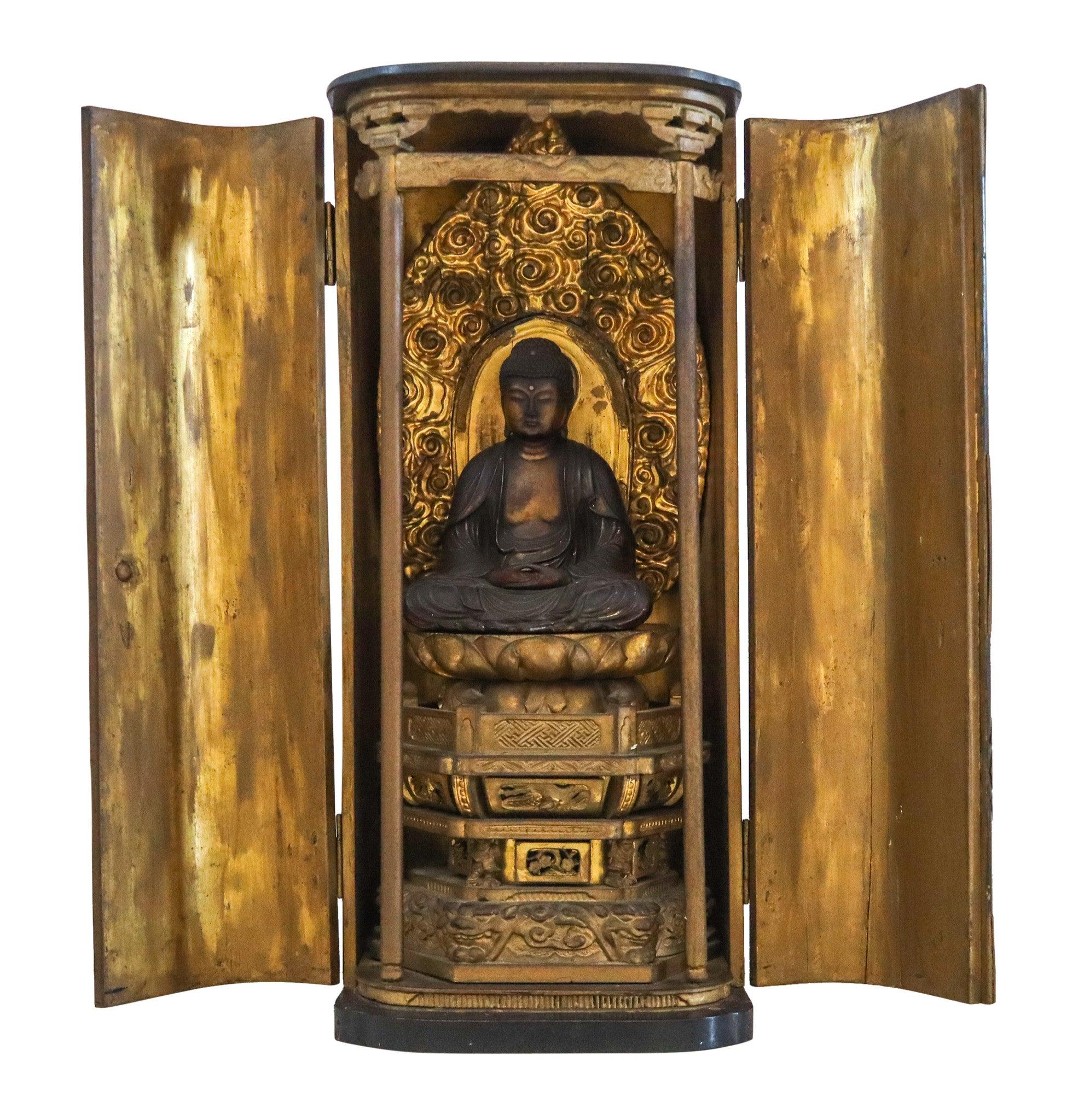 JAPAN 1800 Edo Period Seated Shakyamuni Buddha In Zushi Buddhist Altar Cabinet