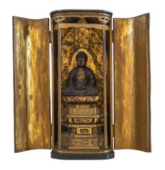 Antique JAPAN 1800 Edo Period Seated Shakyamuni Buddha In Zushi Buddhist Altar Cabinet