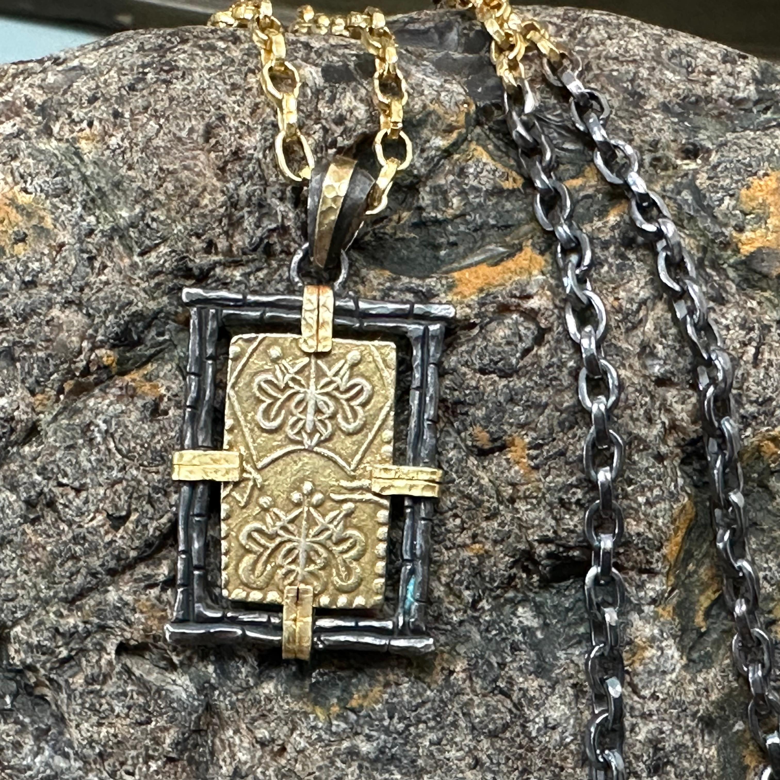 Japan 1800s Samurai Gold Coin Pendant with Handmade Chain Oxidized Silver/18k 2