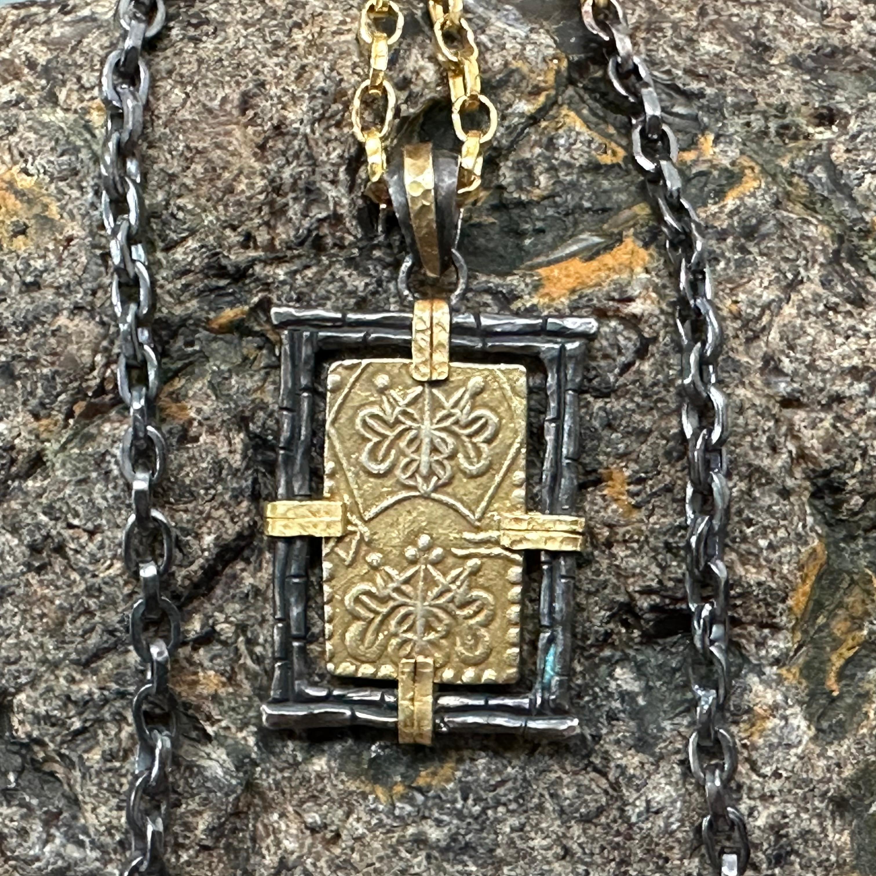 Japan 1800s Samurai Gold Coin Pendant with Handmade Chain Oxidized Silver/18k 3