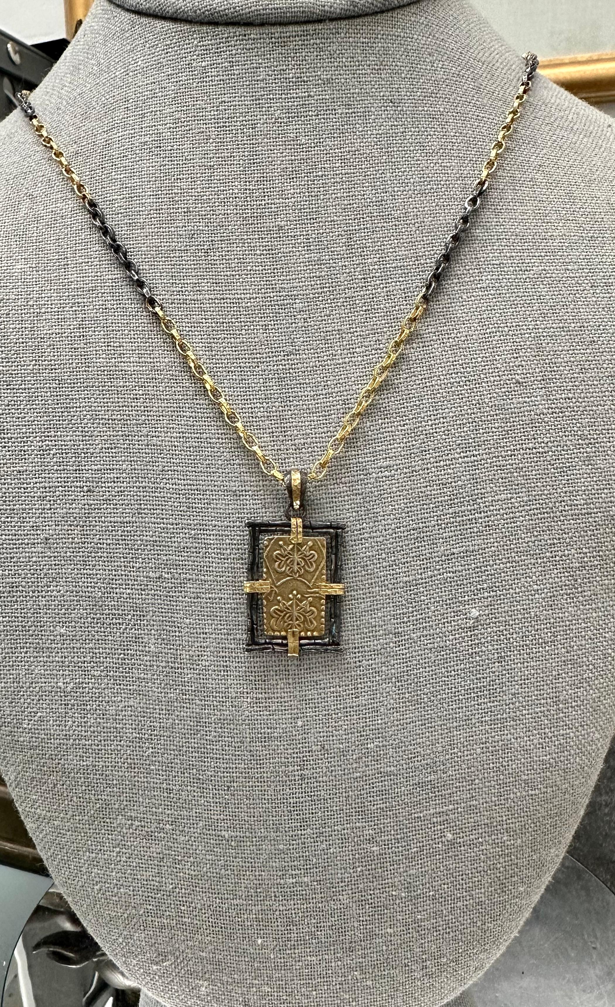 Japan 1800s Samurai Gold Coin Pendant with Handmade Chain Oxidized Silver/18k 4