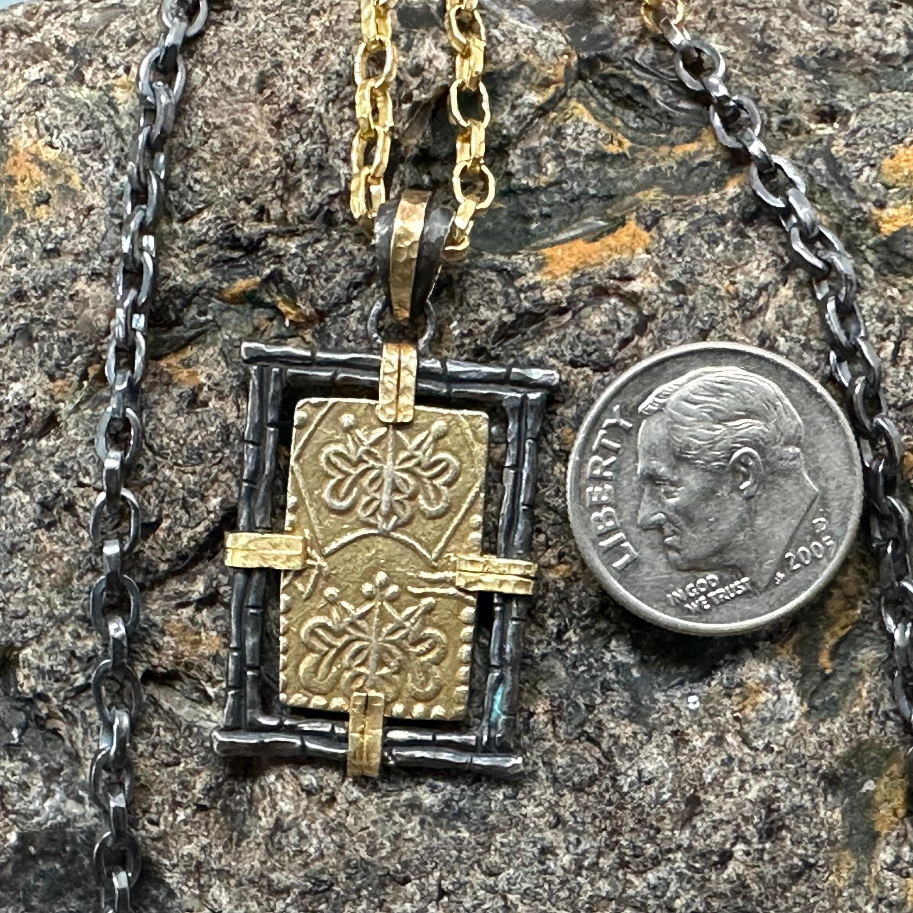 Contemporary Japan 1800s Samurai Gold Coin Pendant with Handmade Chain Oxidized Silver/18k