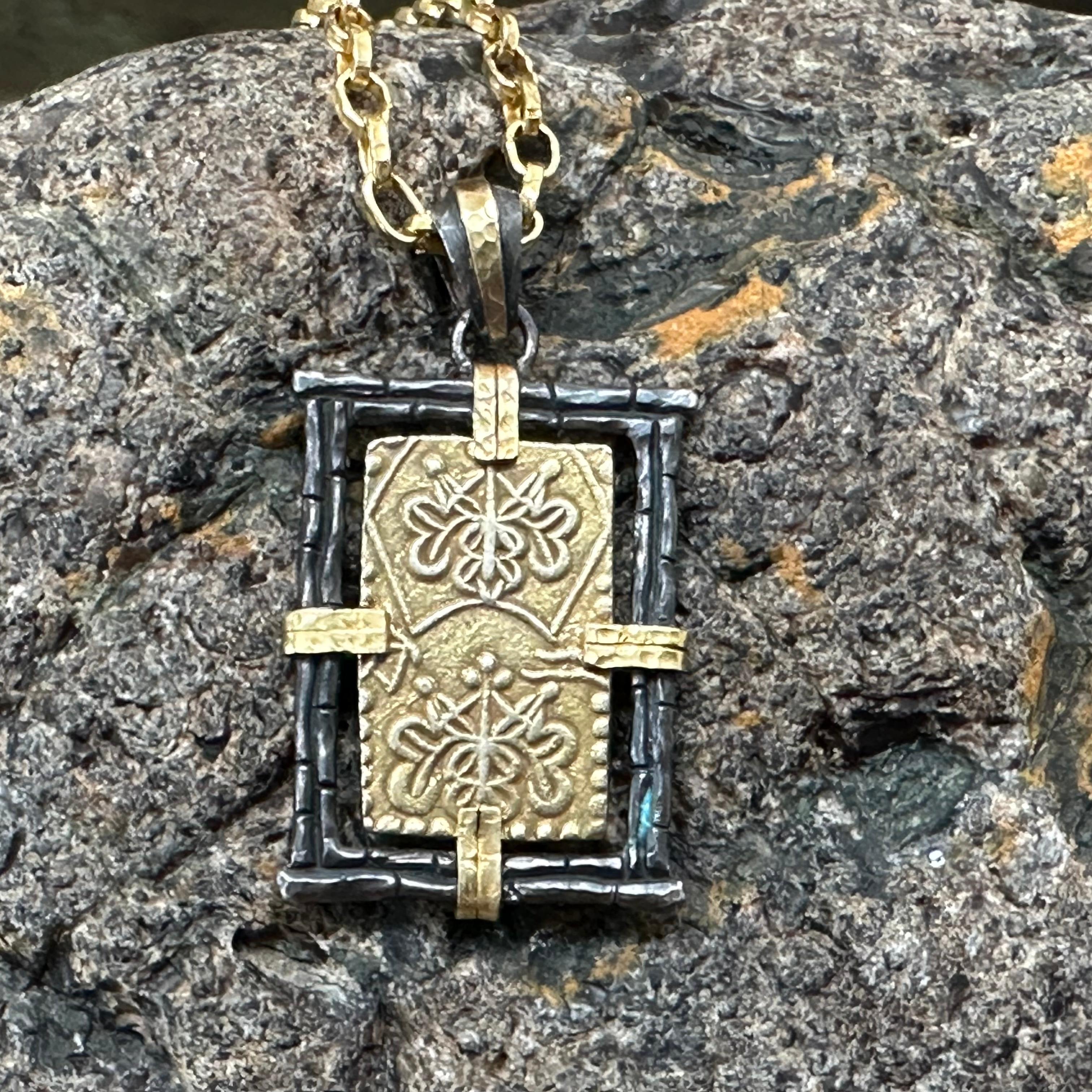 Japan 1800s Samurai Gold Coin Pendant with Handmade Chain Oxidized Silver/18k 1