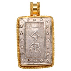 Japan 1800's Samurai Silver Coin 18K Gold Pendant