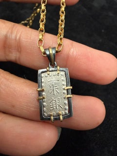Japan 1800's Silver Samurai Coin Oxidized Sterling 18K Gold Pendant 20" Chain