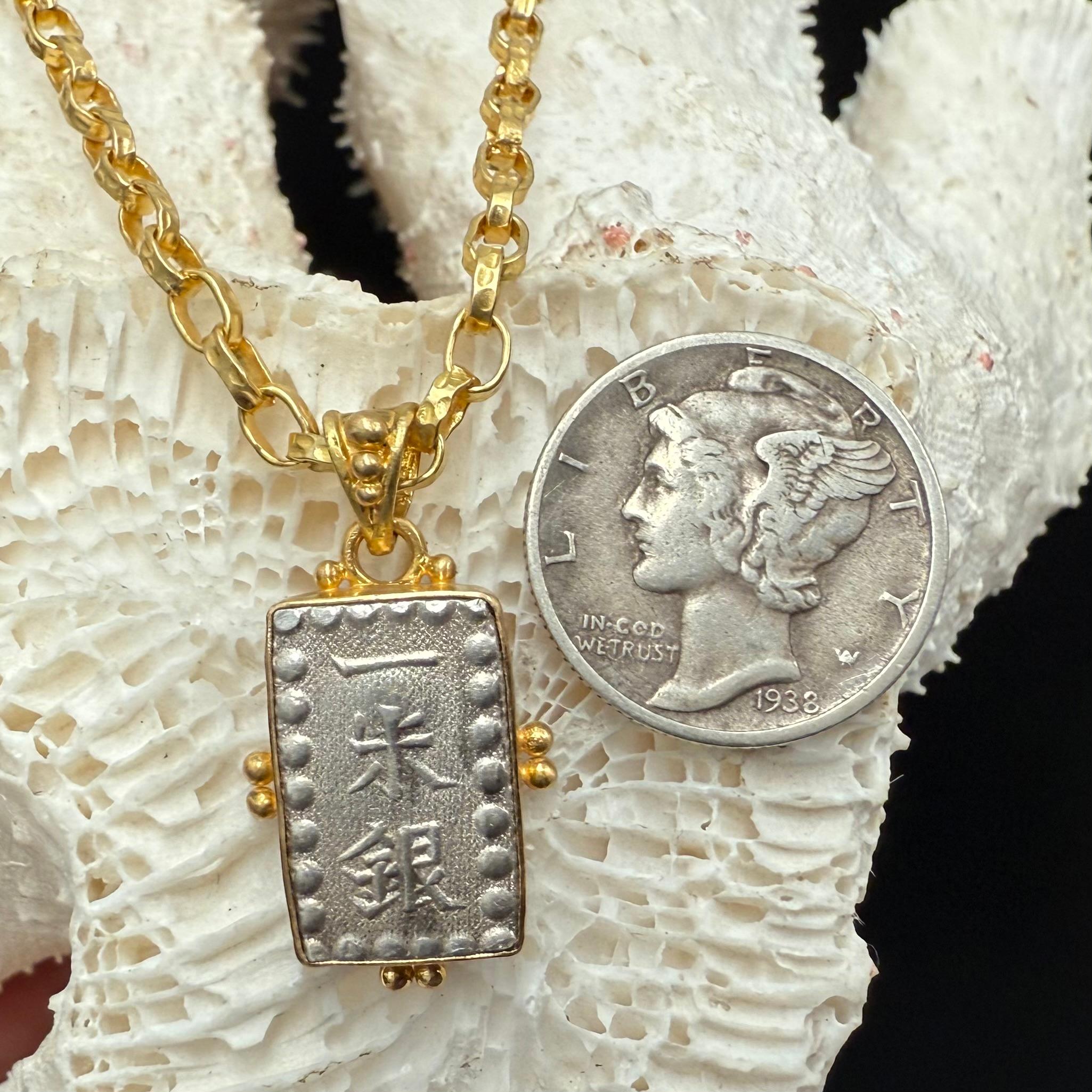 Japan 1800's Siver Samurai Coin 18K Gold Pedant 4