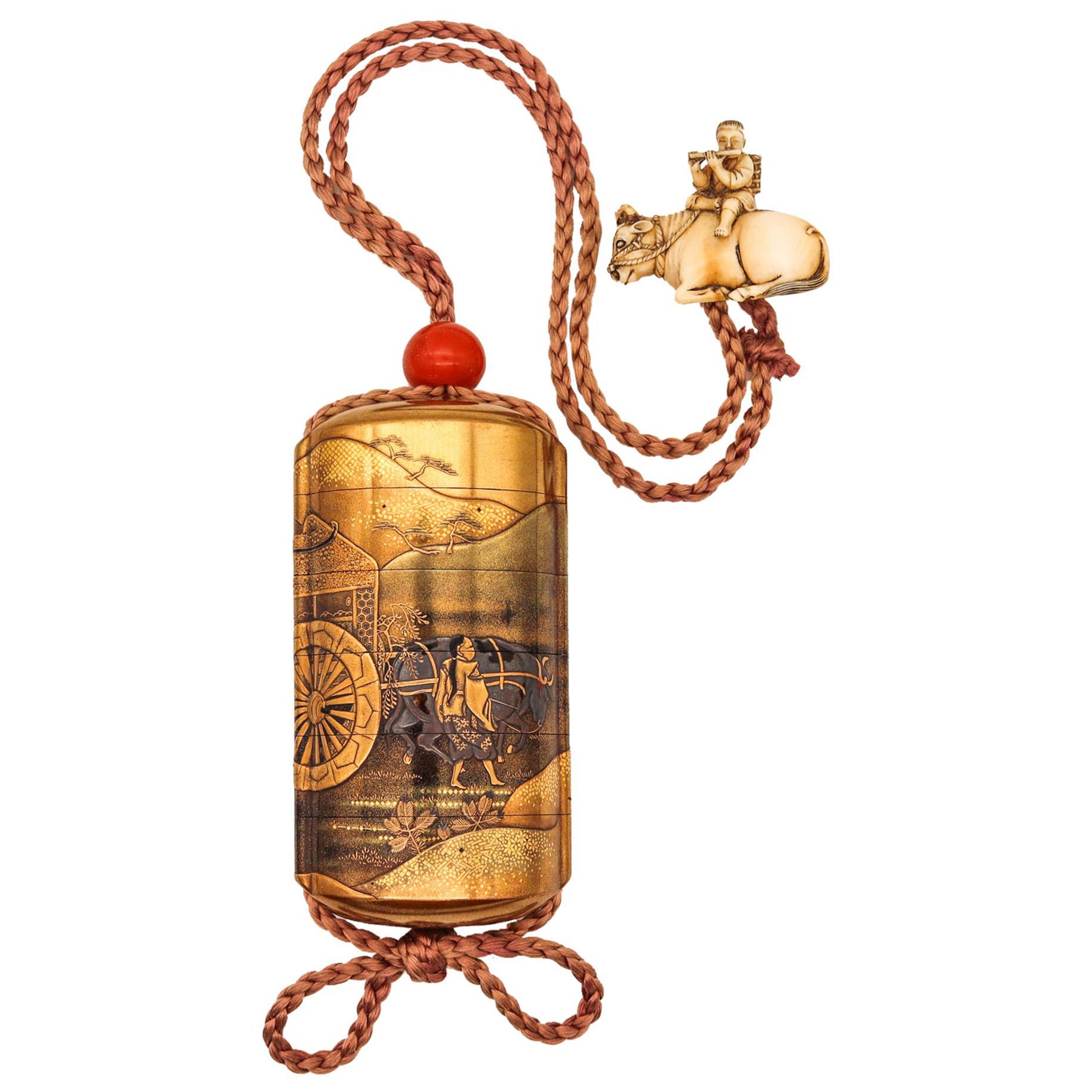 Japan 1830 Edo Period Six Drawer Inro In Lacquered Gilt Wood With A Carriage