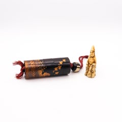 Japan 1870 Meiji Period Round Five Drawer Inro Lacquered Wood With Flying Cranes