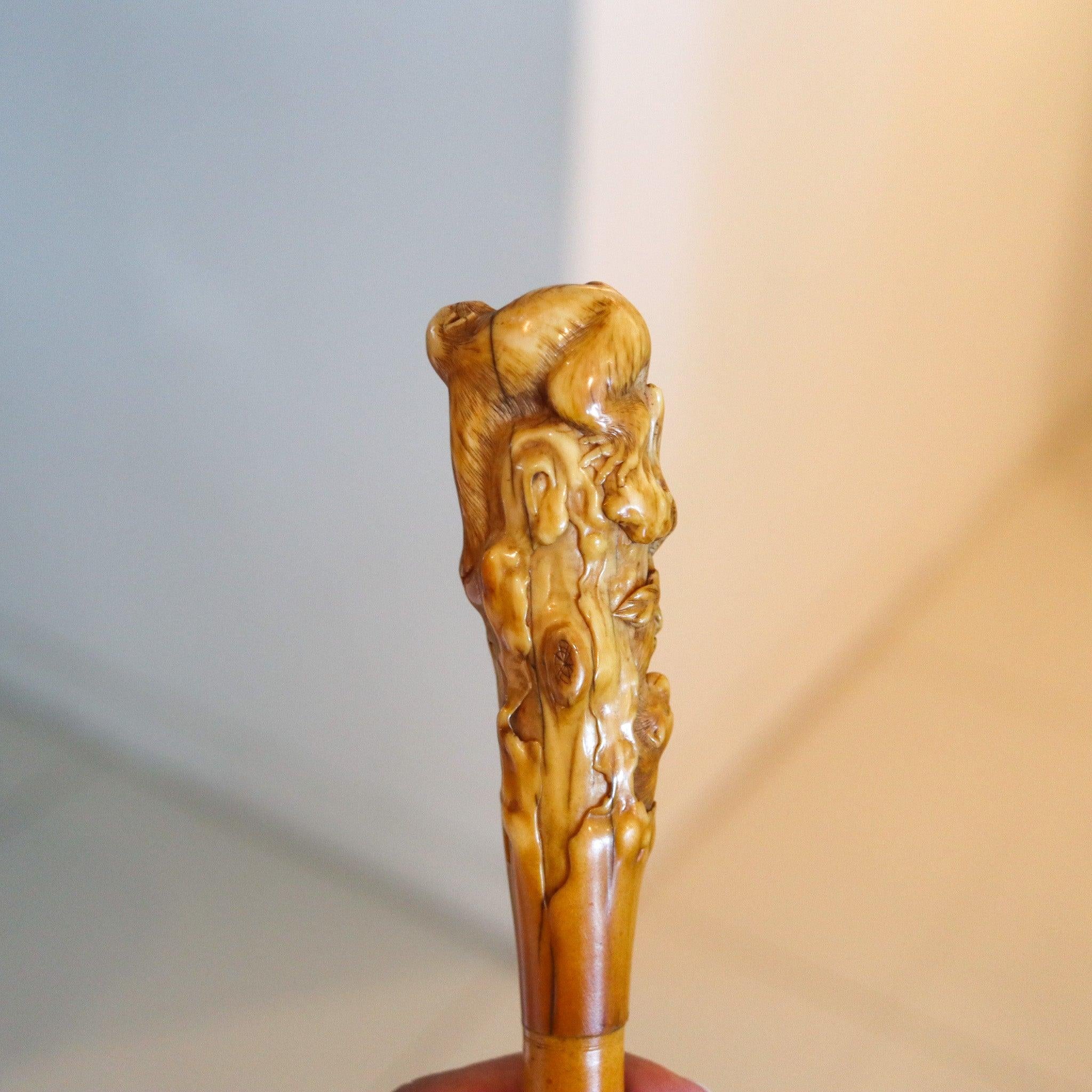 Japanese JAPAN 1880 Meiji Highly Detailed Walking Cane With Monkeys In a Bamboo Forest For Sale