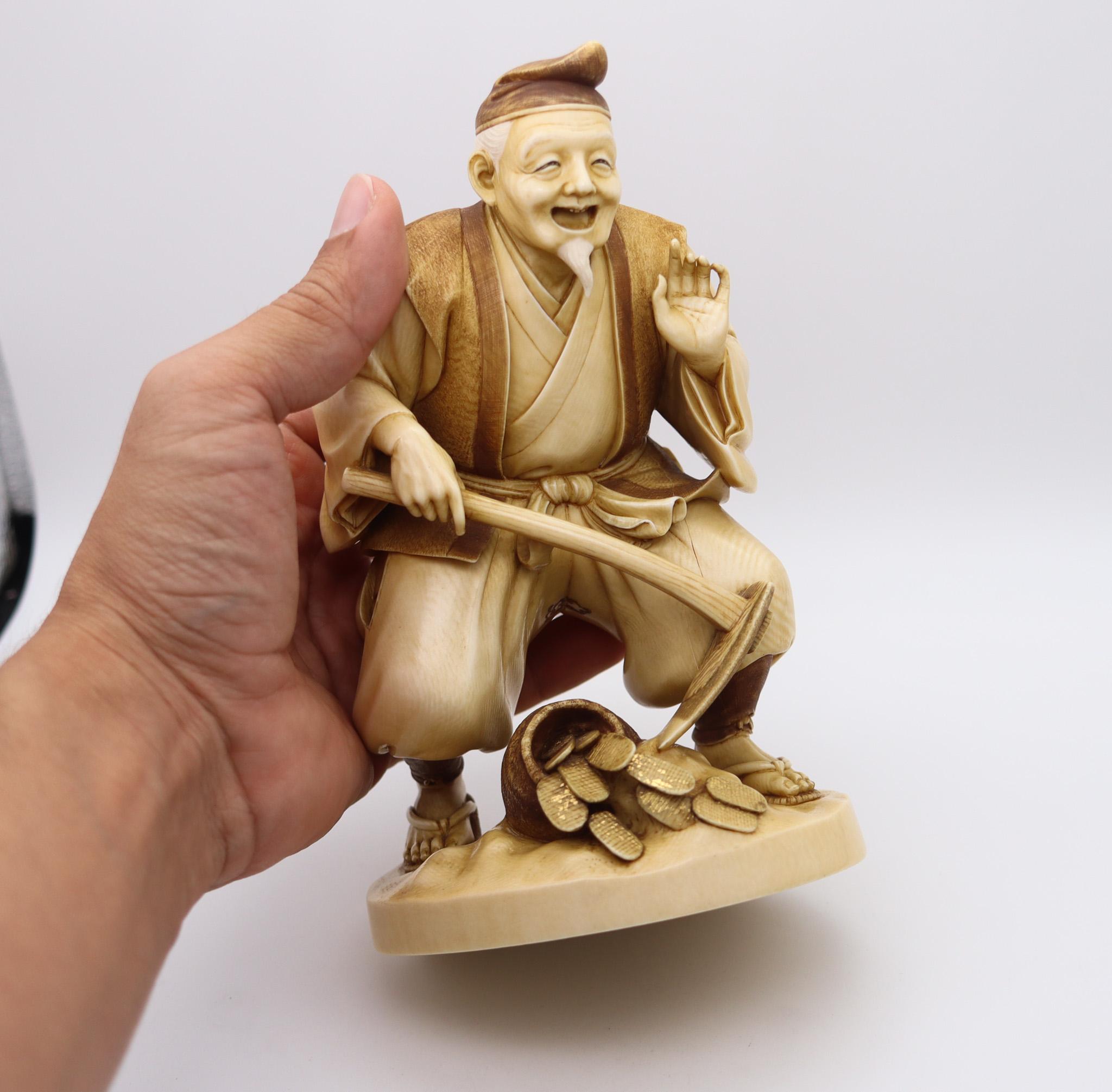 Japan 1890 Meiji Carved Figure of Fortune God Daikoku As a Farmer With Coins 3