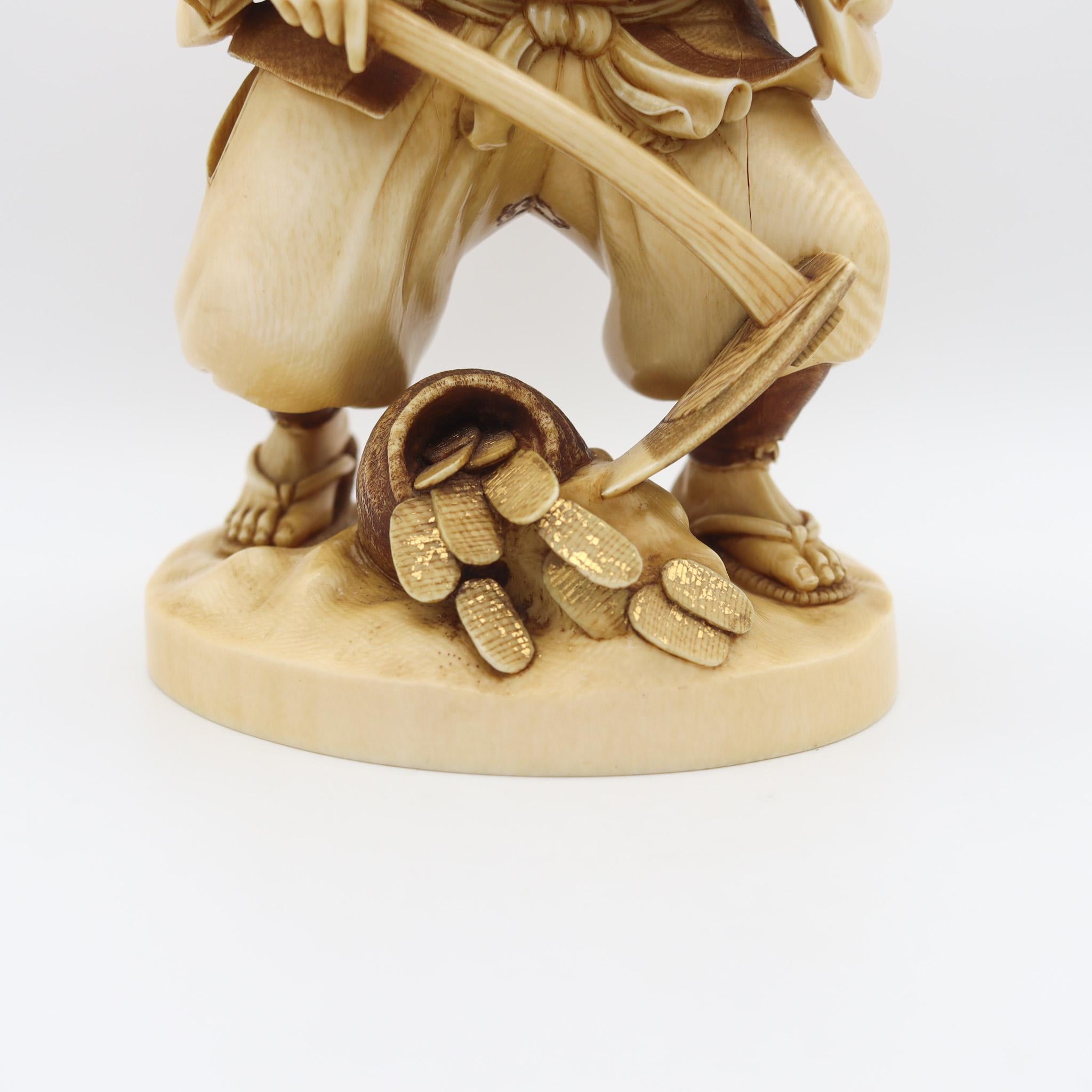A Japanese carved sculpture of Daikoku.

Magnificent sculpture of the god of the fortune Daikoku, created in Japan during the Meiji period, circa 1890. The carving depicts the Japanese god of good fortune, Daikoku personified as a farmer holding a