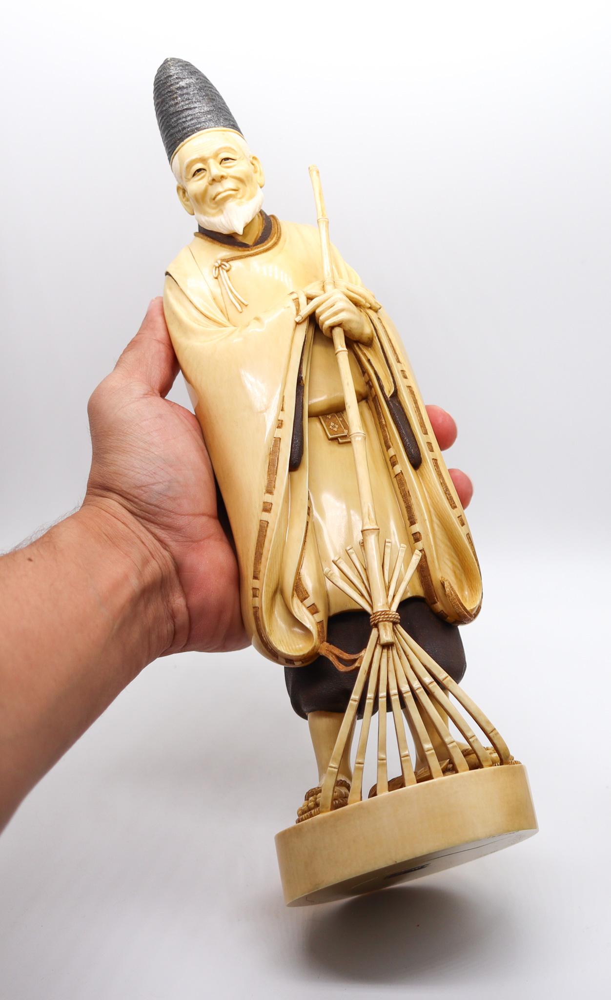 Japan 1890 Meiji Carved Sculpture of a Dressed Monk With a Rake 3
