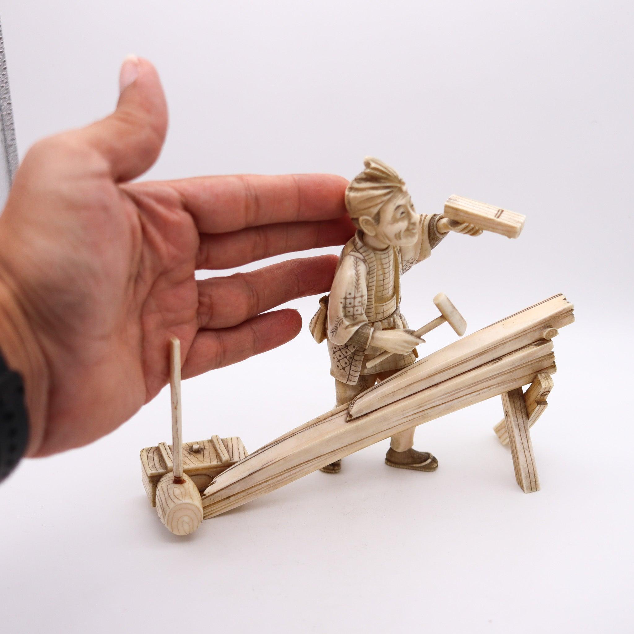 JAPAN 1890 Meiji Okimono Sculpture of a Carpenter Carved In Ivory 4