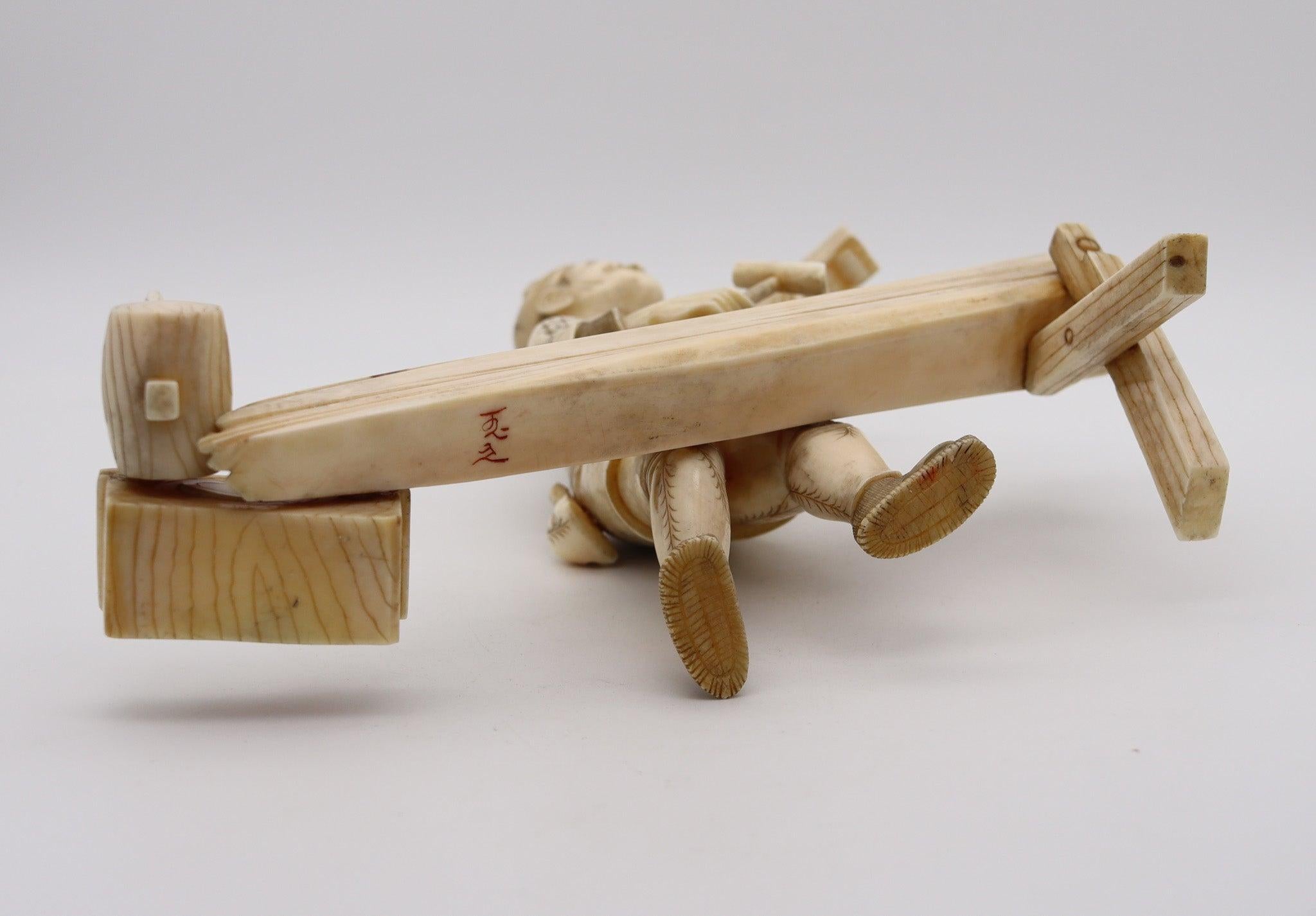 JAPAN 1890 Meiji Okimono Sculpture of a Carpenter Carved In Ivory 5