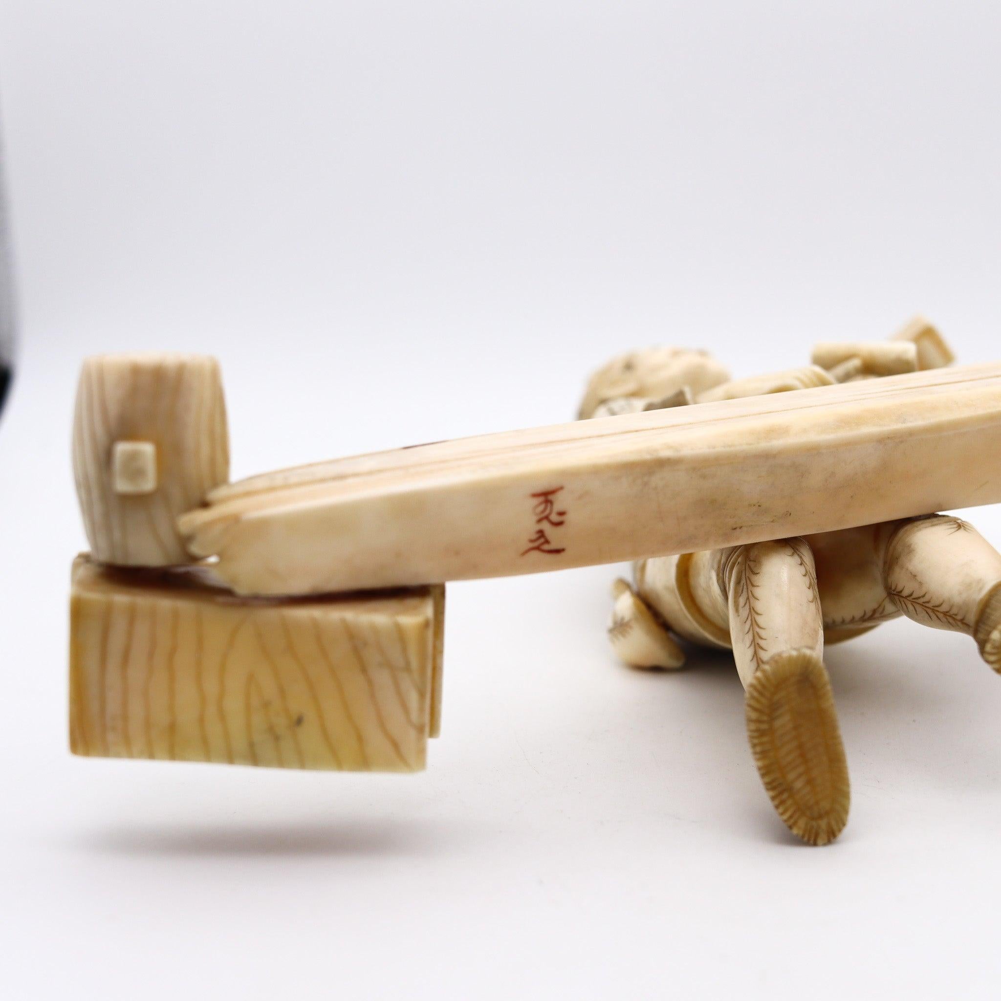 JAPAN 1890 Meiji Okimono Sculpture of a Carpenter Carved In Ivory 6