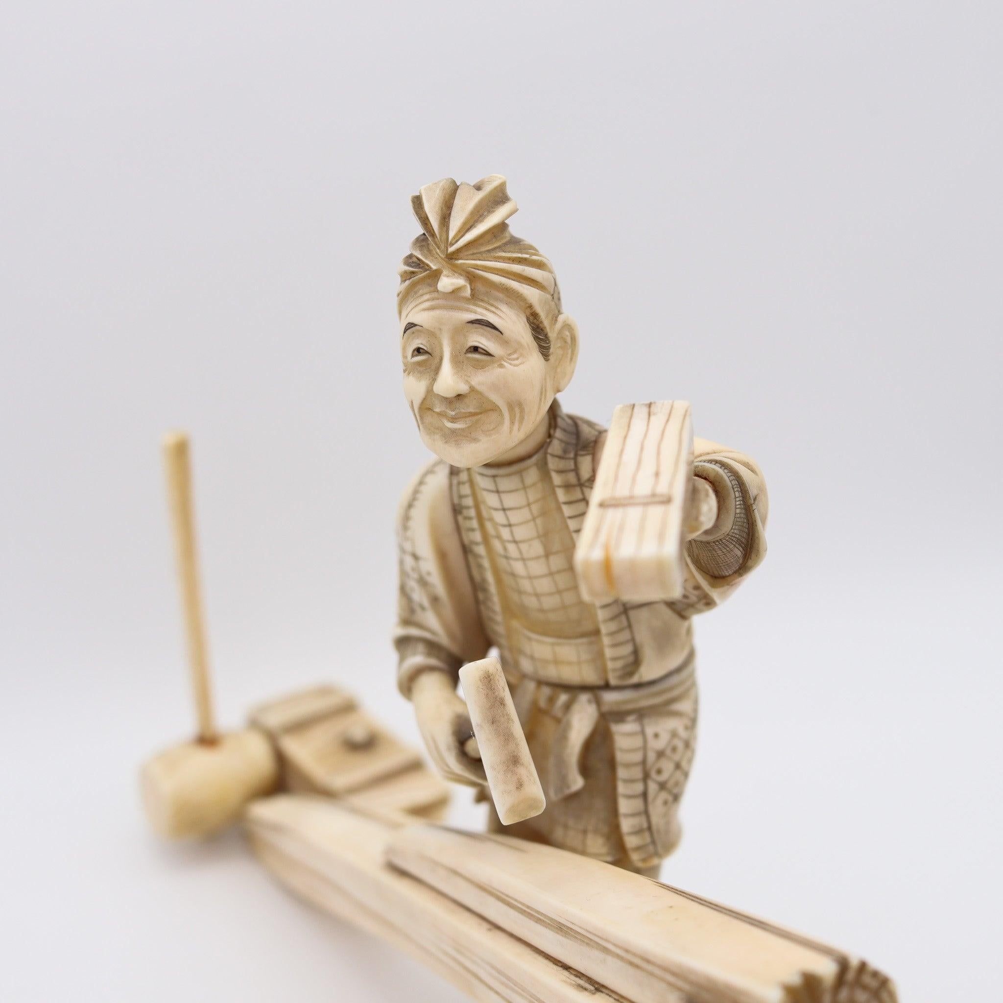 Japanese JAPAN 1890 Meiji Okimono Sculpture of a Carpenter Carved In Ivory