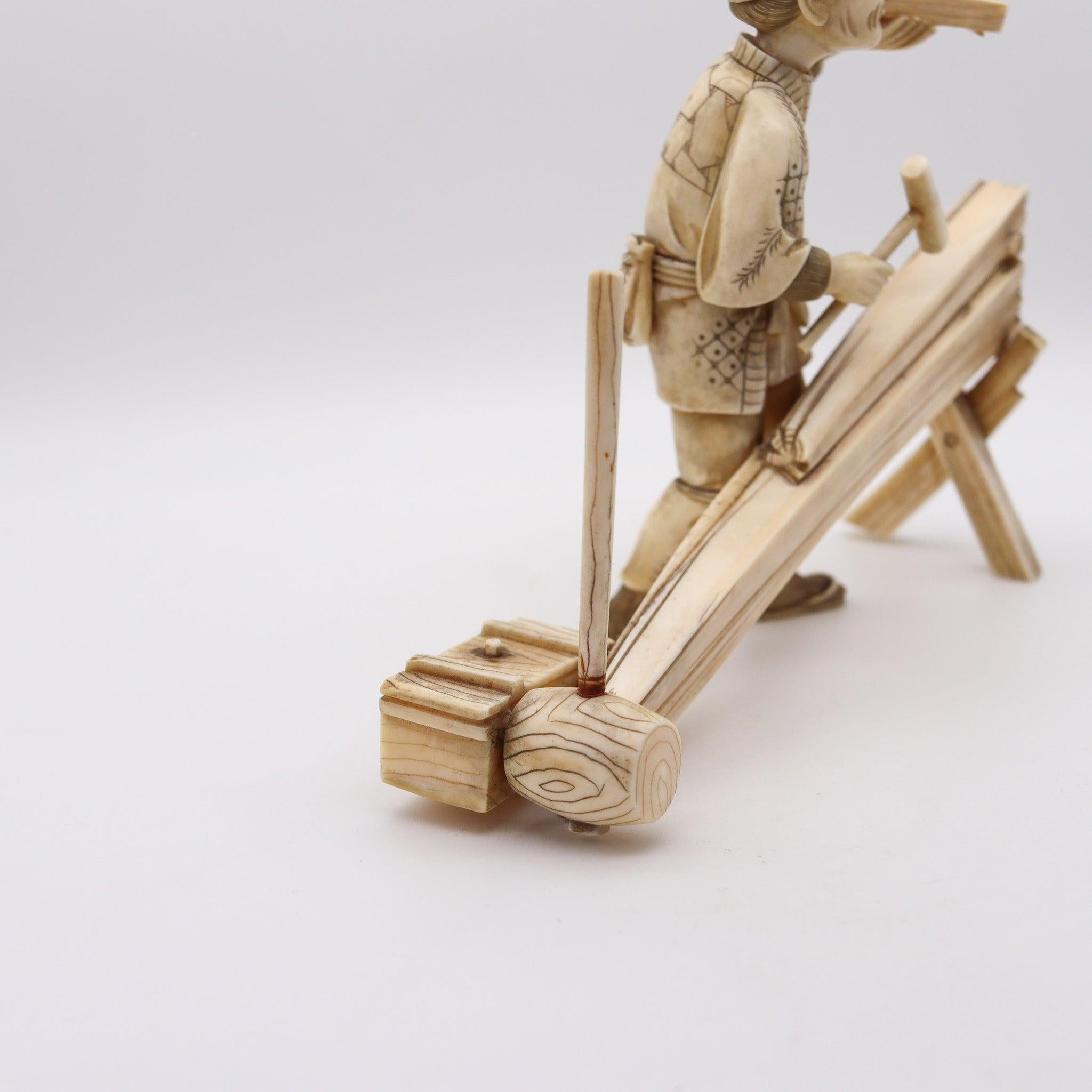 Hand-Carved JAPAN 1890 Meiji Okimono Sculpture of a Carpenter Carved In Ivory