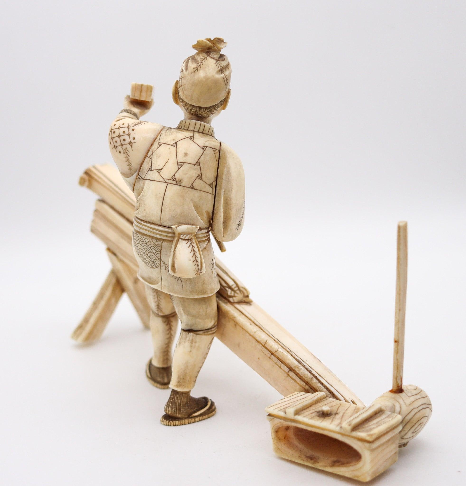JAPAN 1890 Meiji Okimono Sculpture of a Carpenter Carved In Ivory In Excellent Condition In Miami, FL