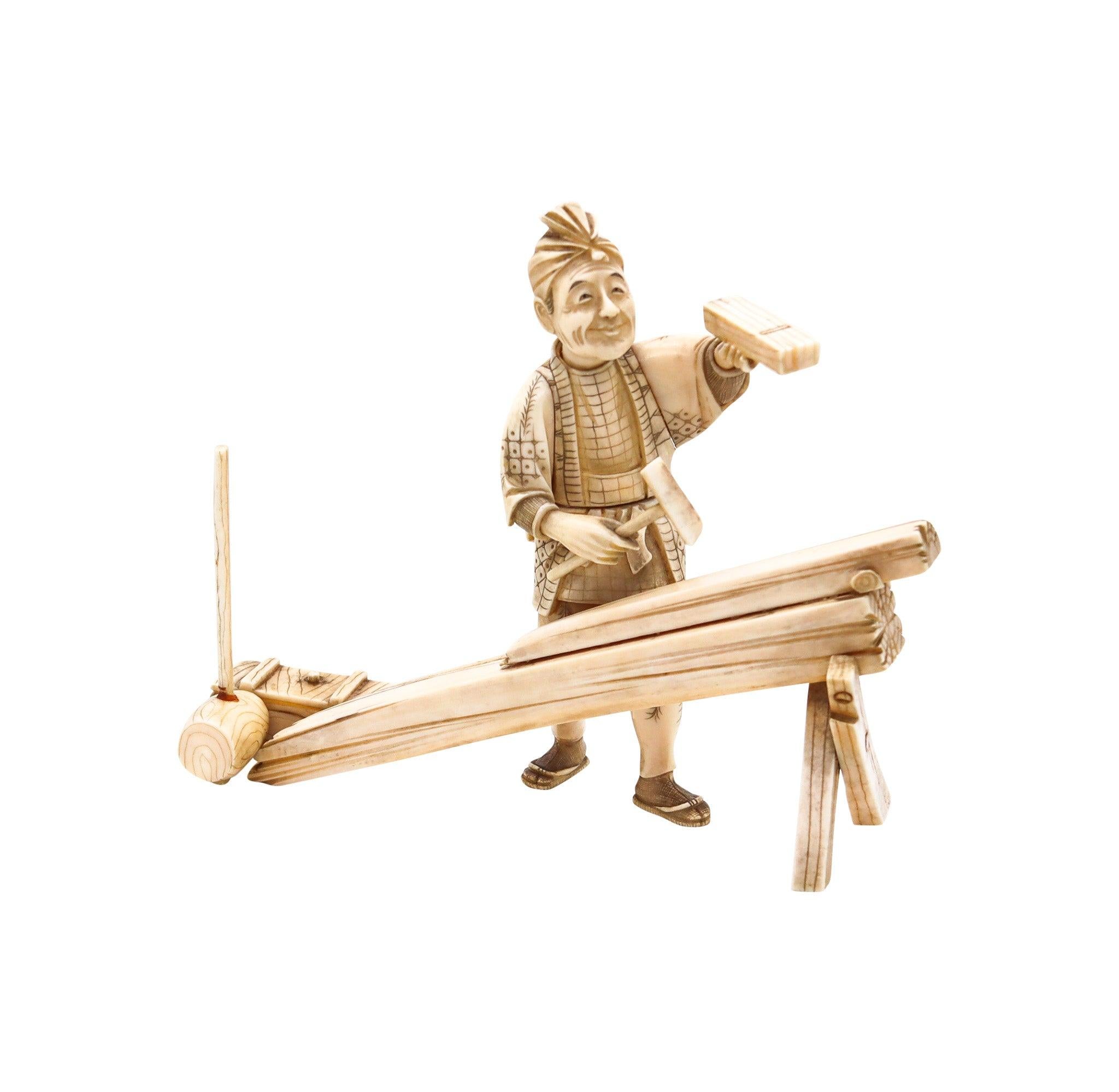 Late 19th Century JAPAN 1890 Meiji Okimono Sculpture of a Carpenter Carved In Ivory