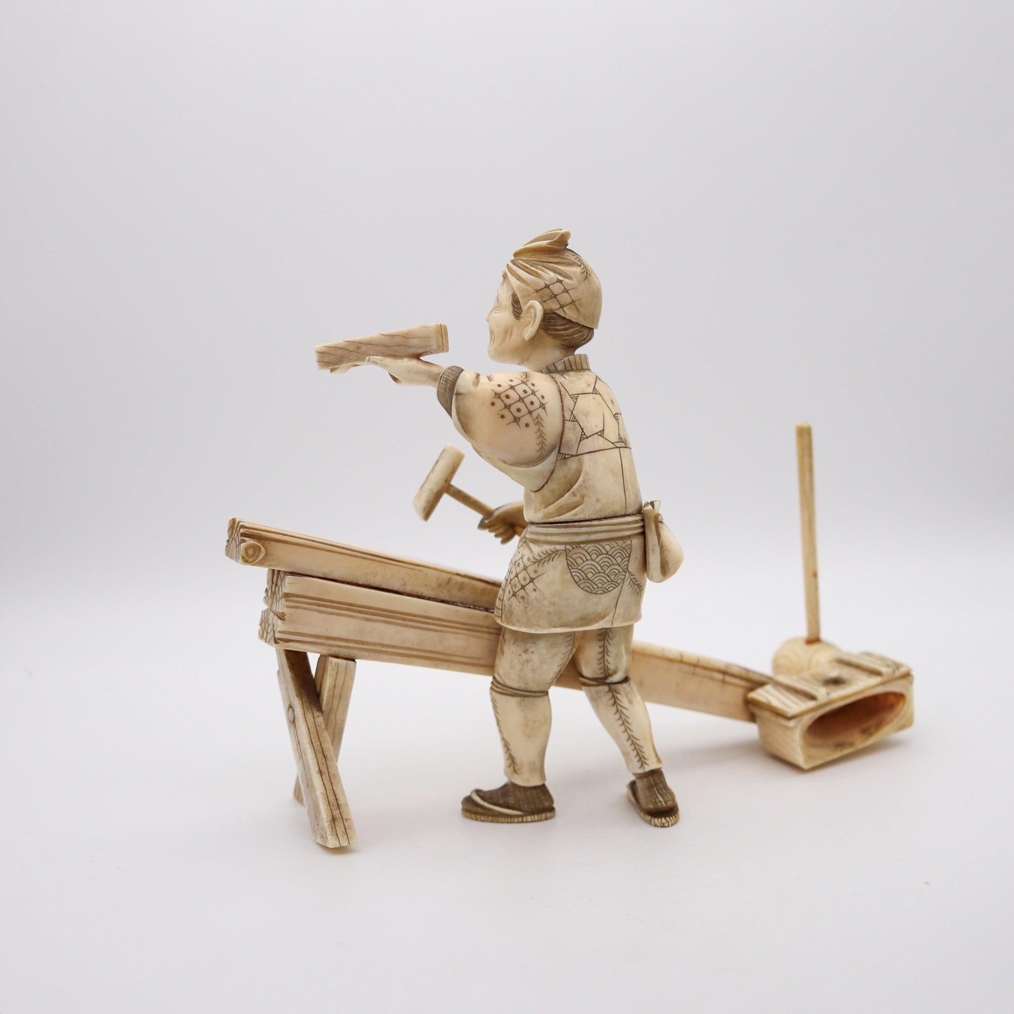 JAPAN 1890 Meiji Okimono Sculpture of a Carpenter Carved In Ivory 1
