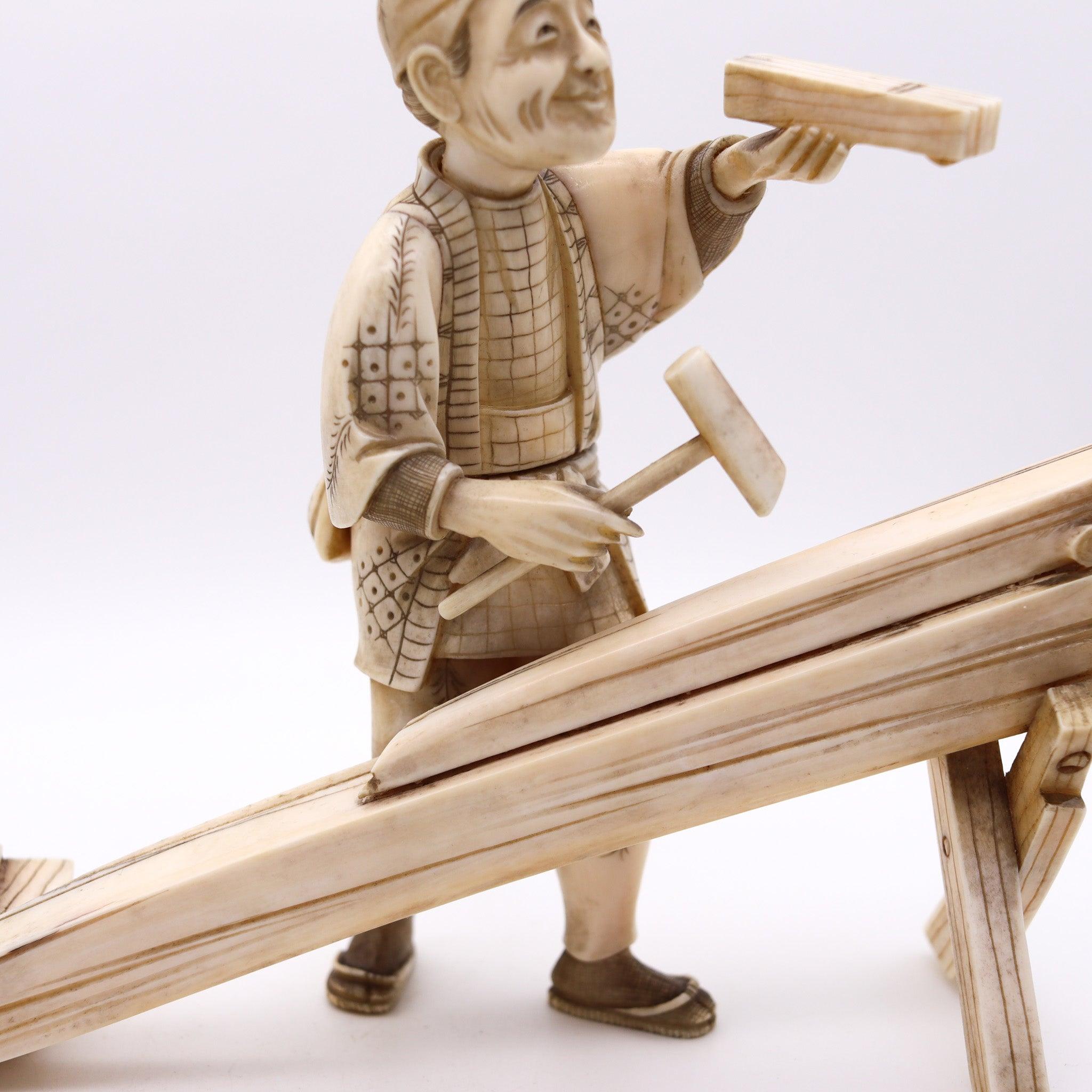 JAPAN 1890 Meiji Okimono Sculpture of a Carpenter Carved In Ivory 3