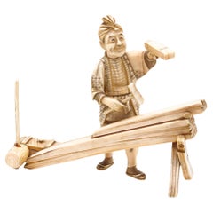 JAPAN 1890 Meiji Okimono Sculpture of a Carpenter Carved In Ivory