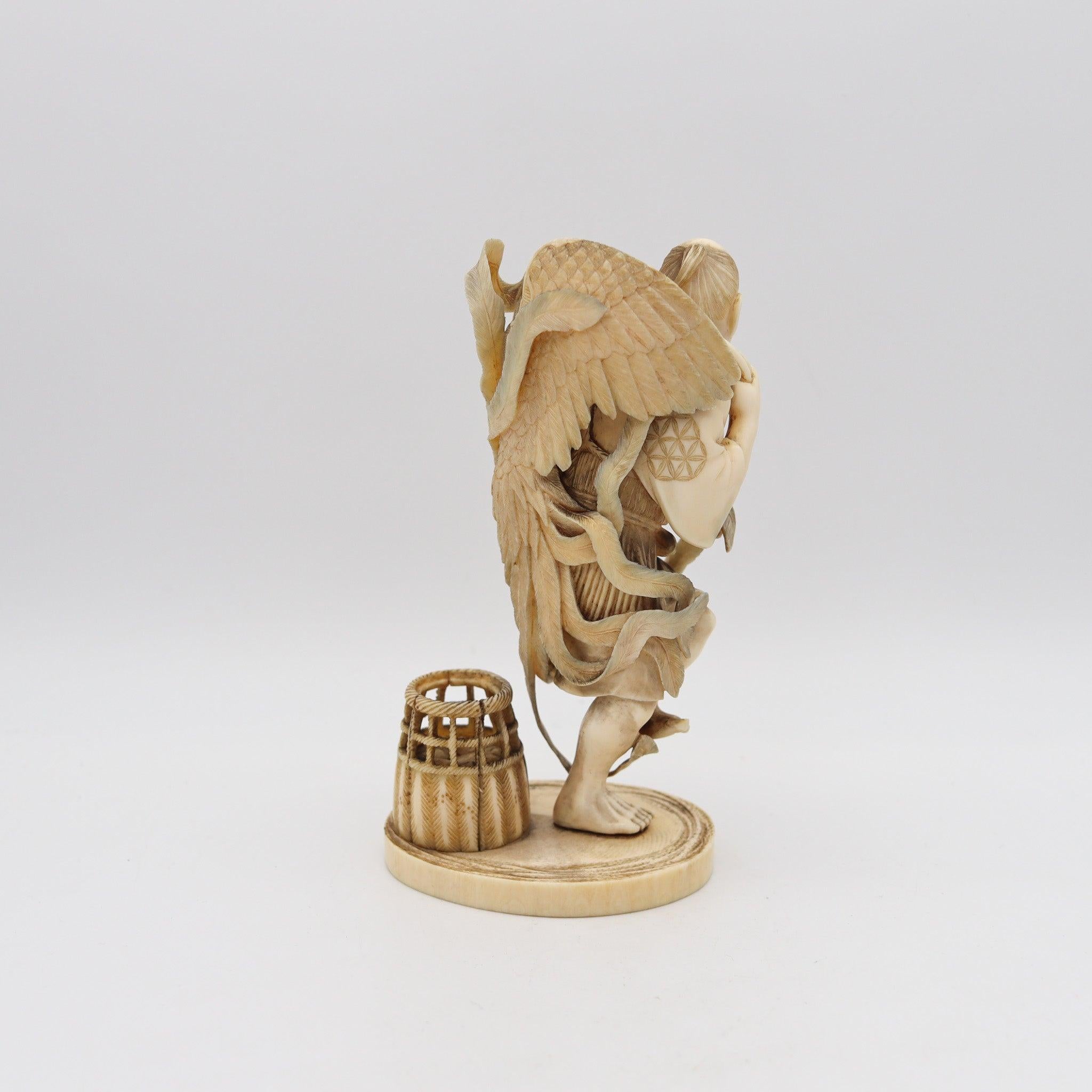 Japanese JAPAN 1890 Meiji Okimono Sculpture of a Farmer-Hunter Carved In Ivory
