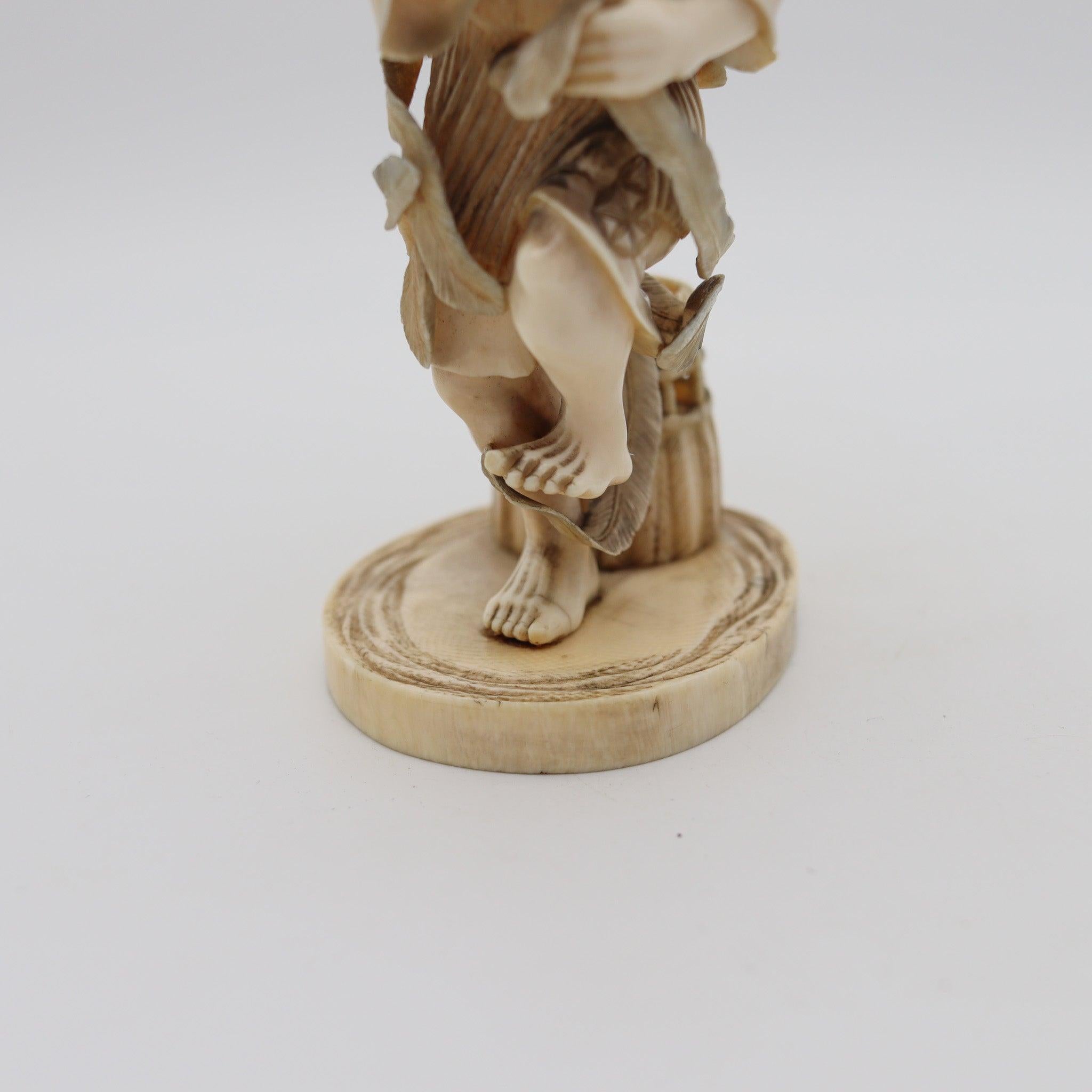 Hand-Carved JAPAN 1890 Meiji Okimono Sculpture of a Farmer-Hunter Carved In Ivory