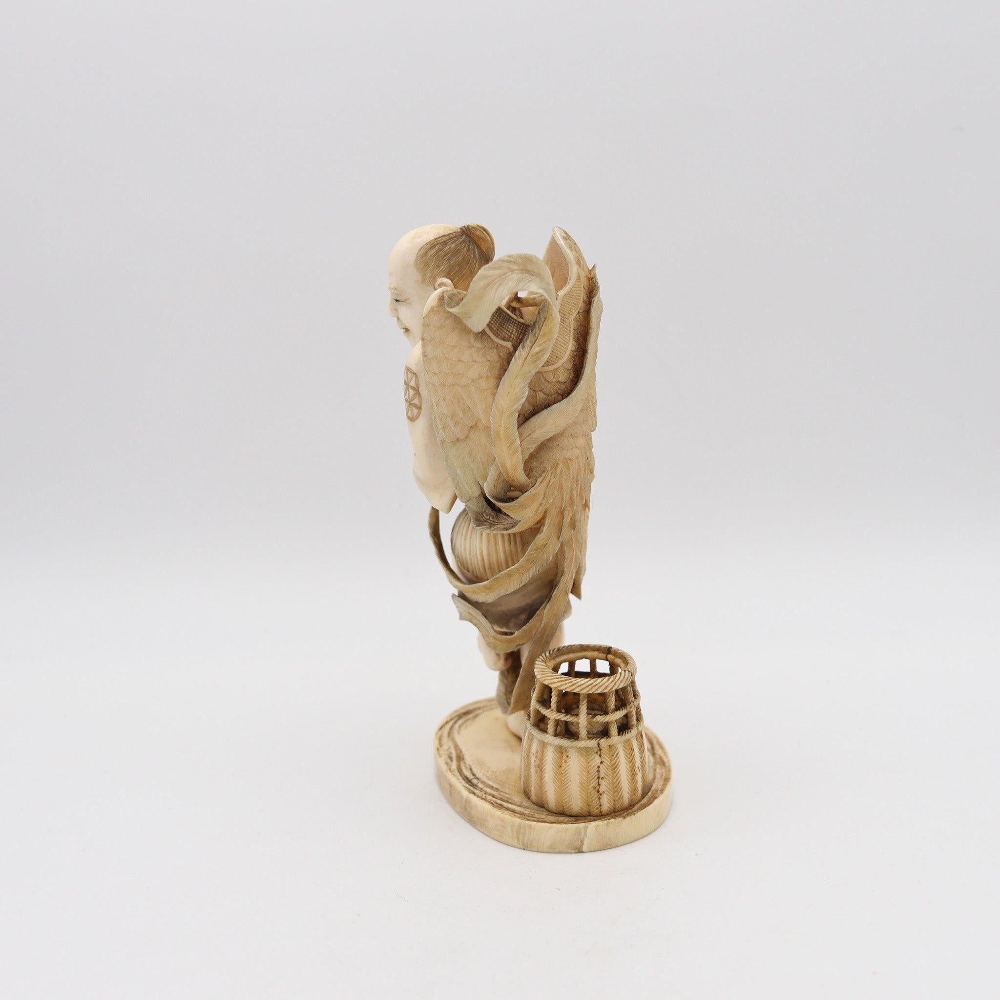 Late 19th Century JAPAN 1890 Meiji Okimono Sculpture of a Farmer-Hunter Carved In Ivory