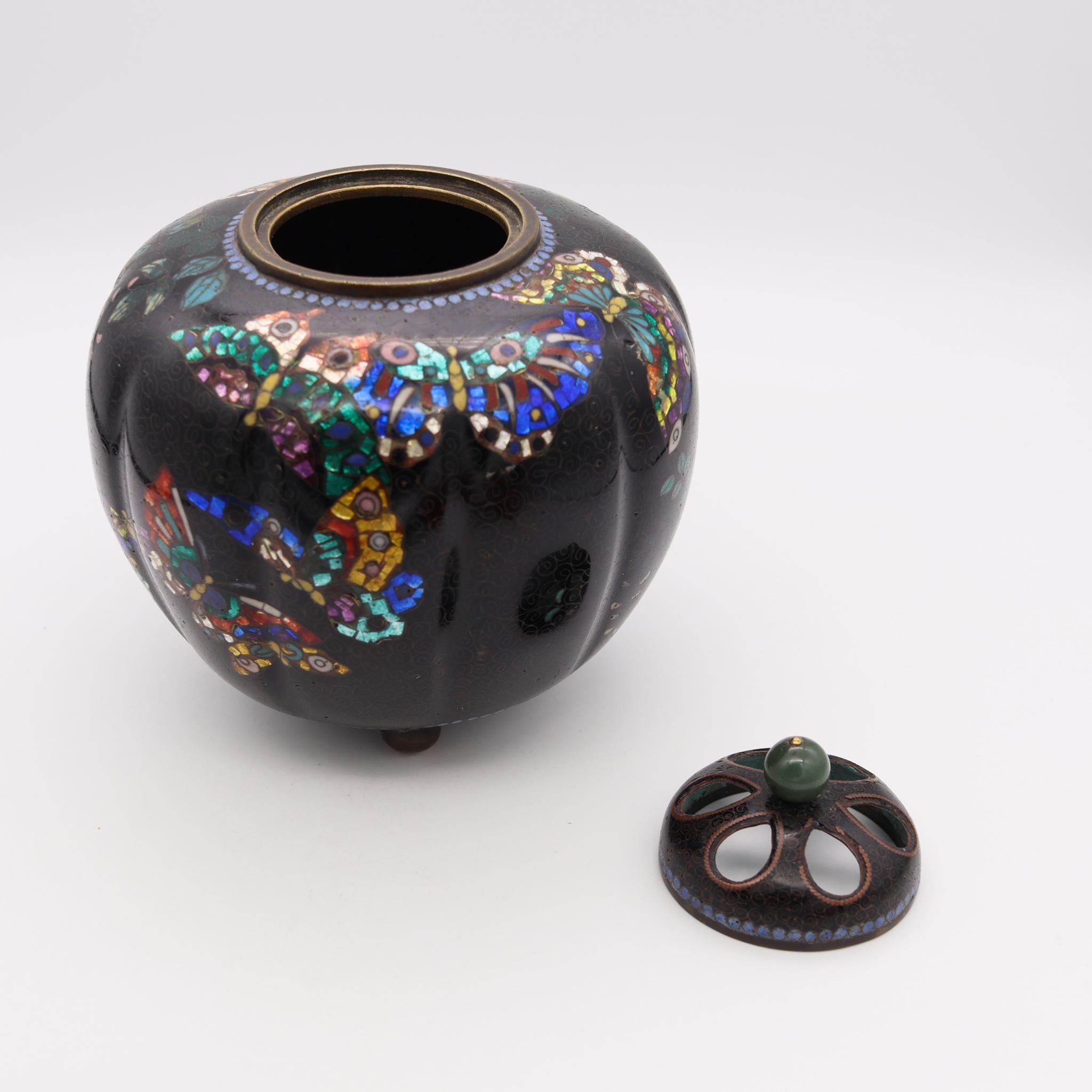 Cloissoné Japan 1890 Meiji Period Bronze Koro Censer in Cloisonne Enamel with Jade Lid For Sale