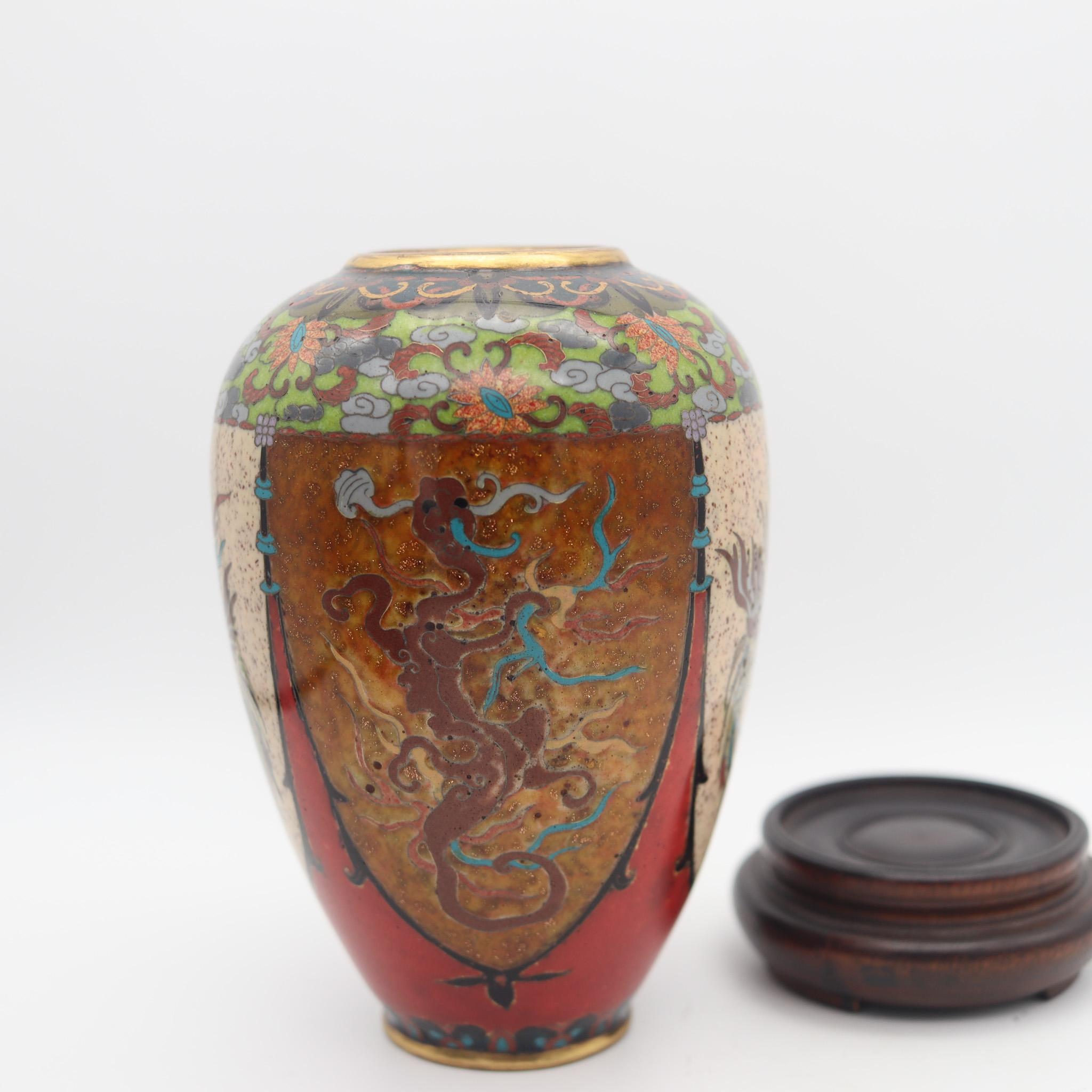 Japanese Japan 1890 Meiji Period Decorative Vase In Cloisonné Enamel With Wood Base For Sale