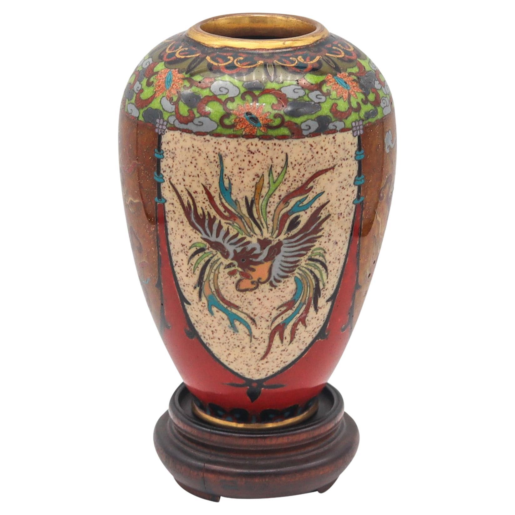 Japan 1890 Meiji Period Decorative Vase In Cloisonné Enamel With Wood Base For Sale