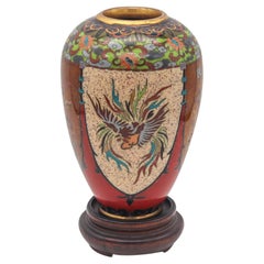 Antique Japan 1890 Meiji Period Decorative Vase In Cloisonné Enamel With Wood Base