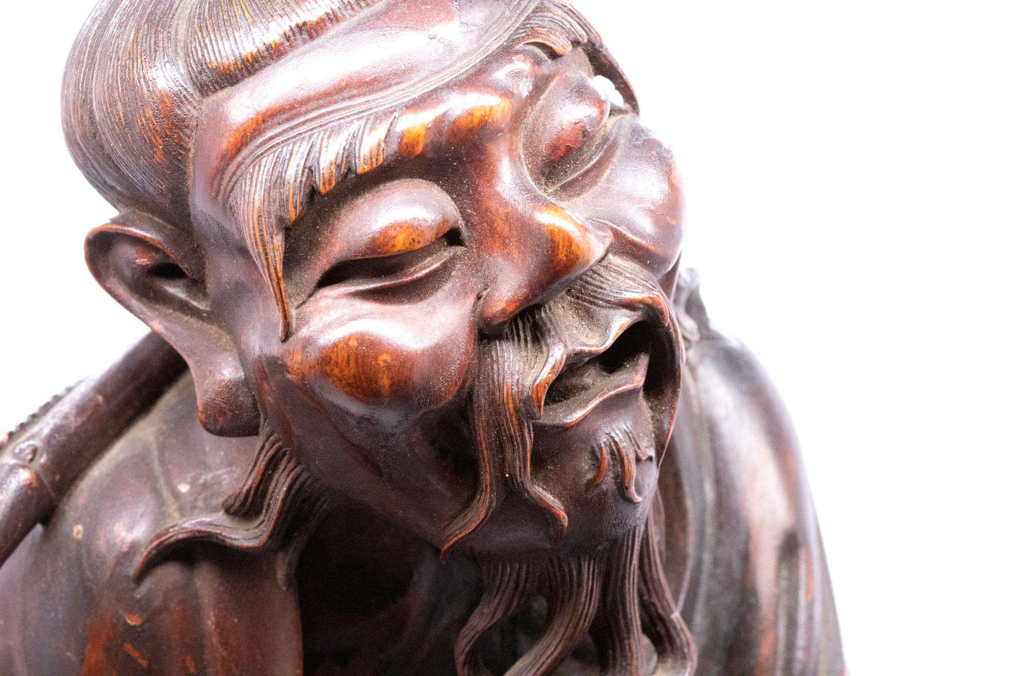 Japanese Japan 1890 Meiji Period Ebisu Sculpture in Wood Carving of an Old Fisherman For Sale