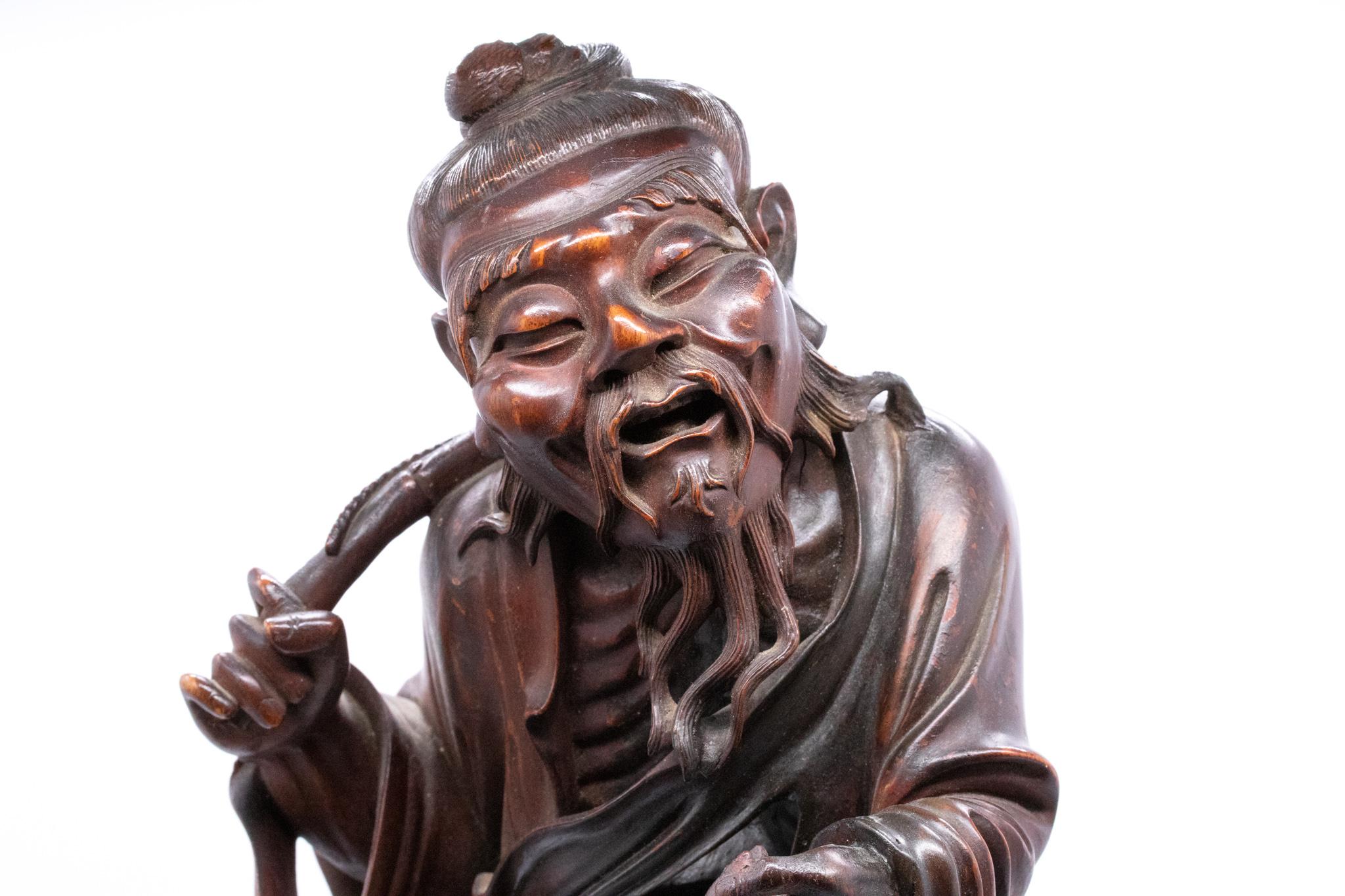 Hand-Carved Japan 1890 Meiji Period Ebisu Sculpture in Wood Carving of an Old Fisherman For Sale