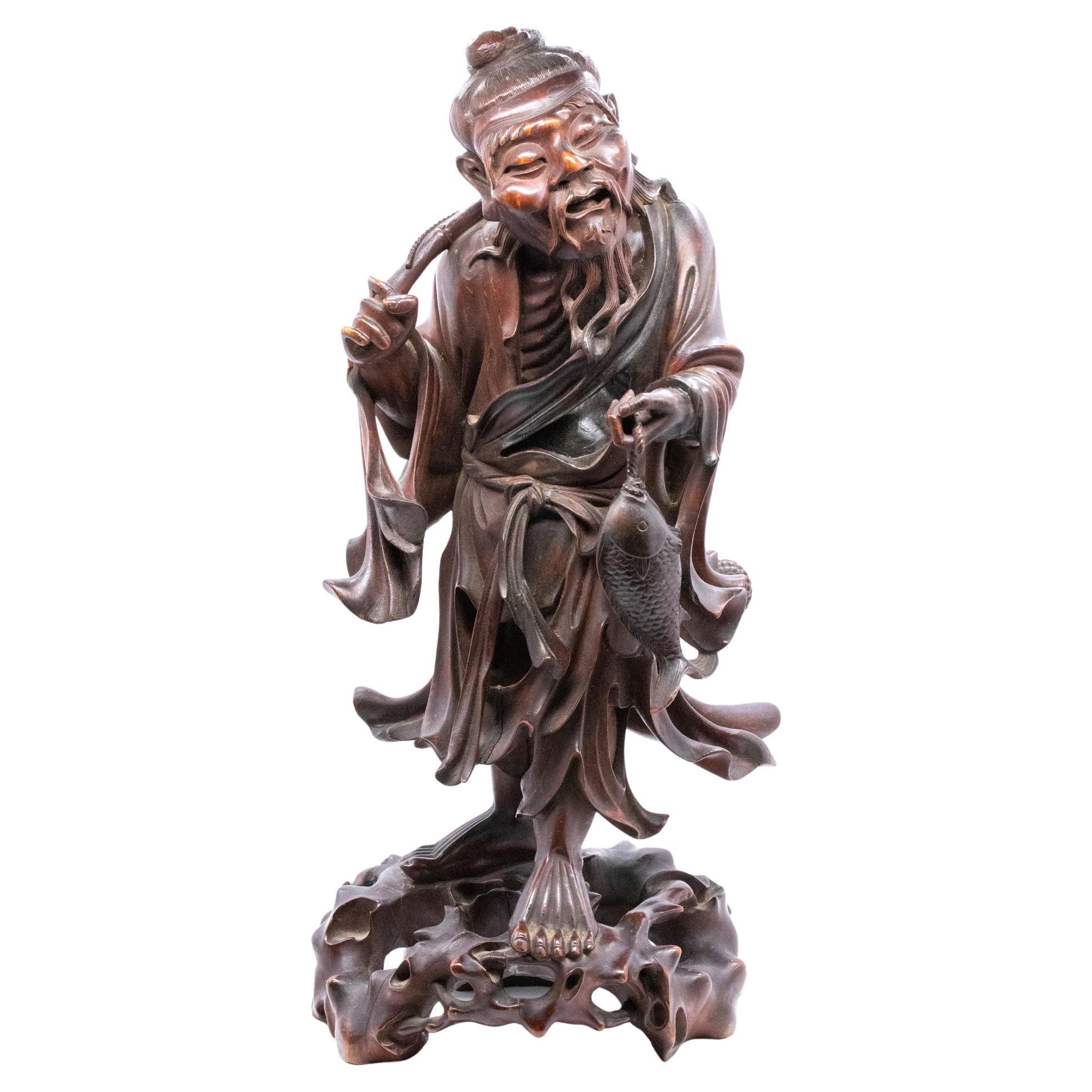 Japan 1890 Meiji Period Ebisu Sculpture in Wood Carving of an Old Fisherman For Sale