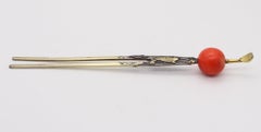 JAPAN 1890 Meiji Period Kanzashi Hair Stick In Gild Sterling With Red Coral