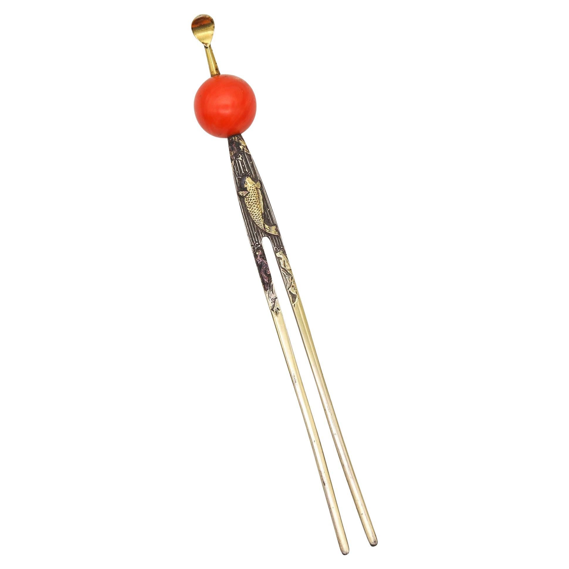 JAPAN 1890 Meiji Period Kanzashi Hair Stick In Gild Sterling With Red Coral
