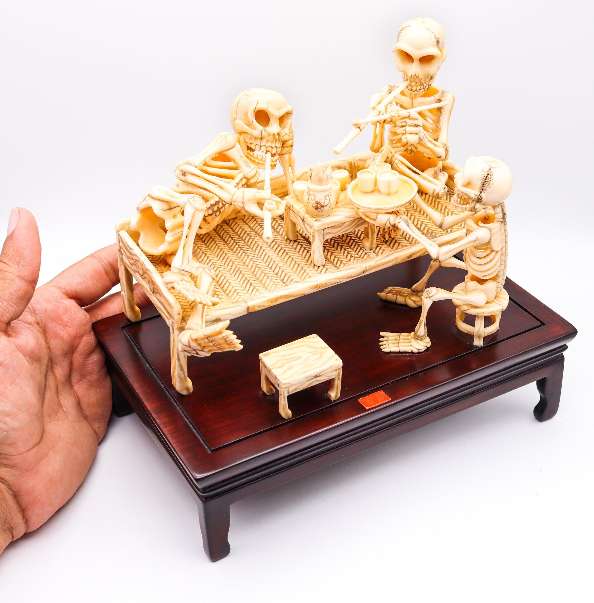 JAPAN 1890 Meiji Period Okimono Sculpture Of A Group Of Skeletons Smoking For Sale 4
