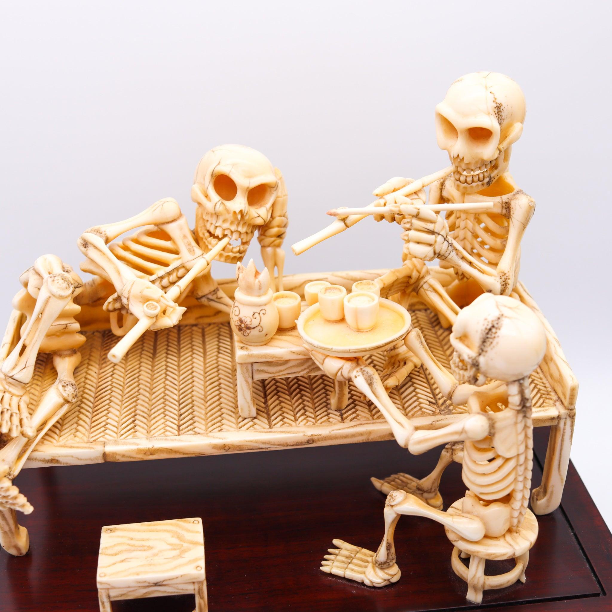 Japanese JAPAN 1890 Meiji Period Okimono Sculpture Of A Group Of Skeletons Smoking For Sale
