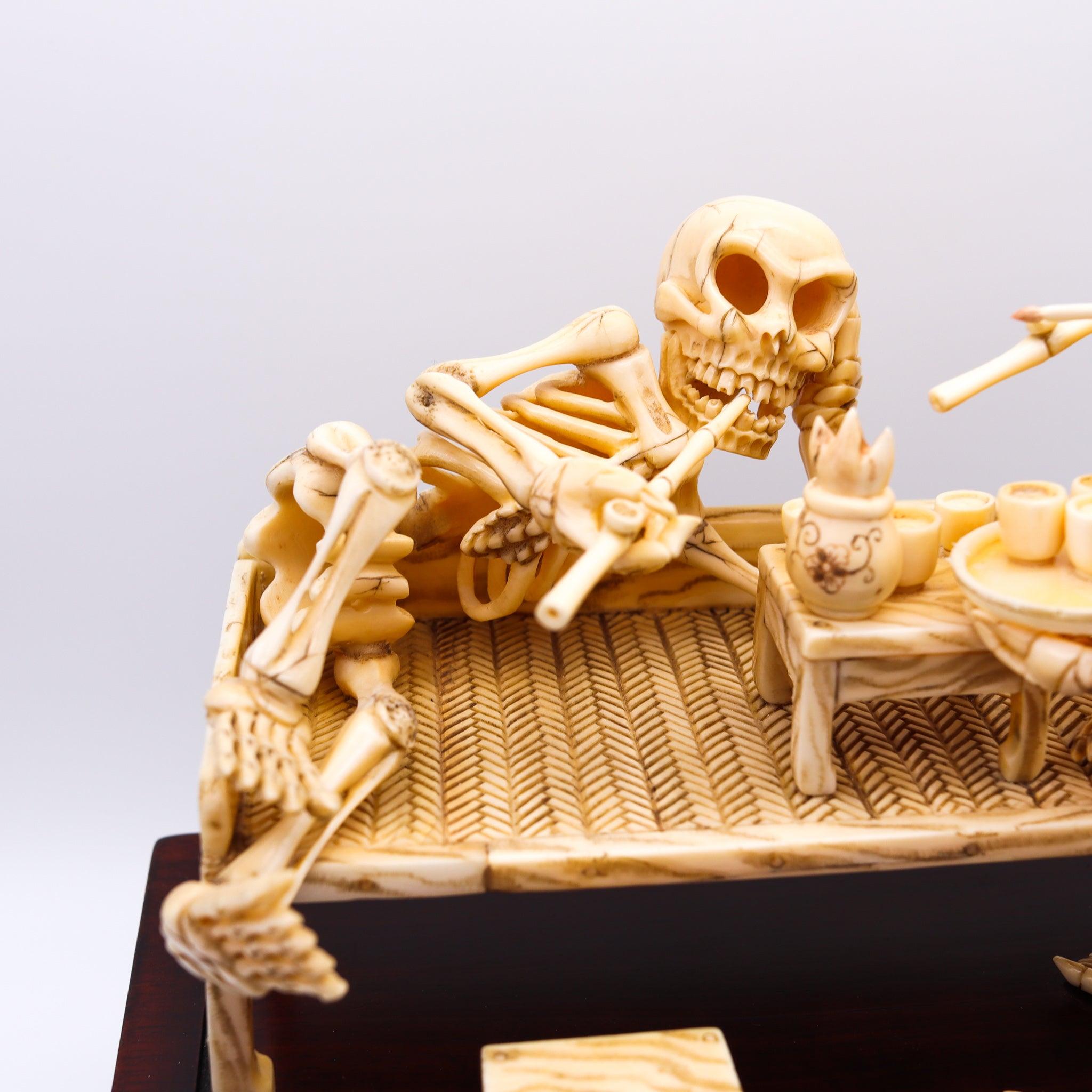 JAPAN 1890 Meiji Period Okimono Sculpture Of A Group Of Skeletons Smoking In Excellent Condition For Sale In Miami, FL