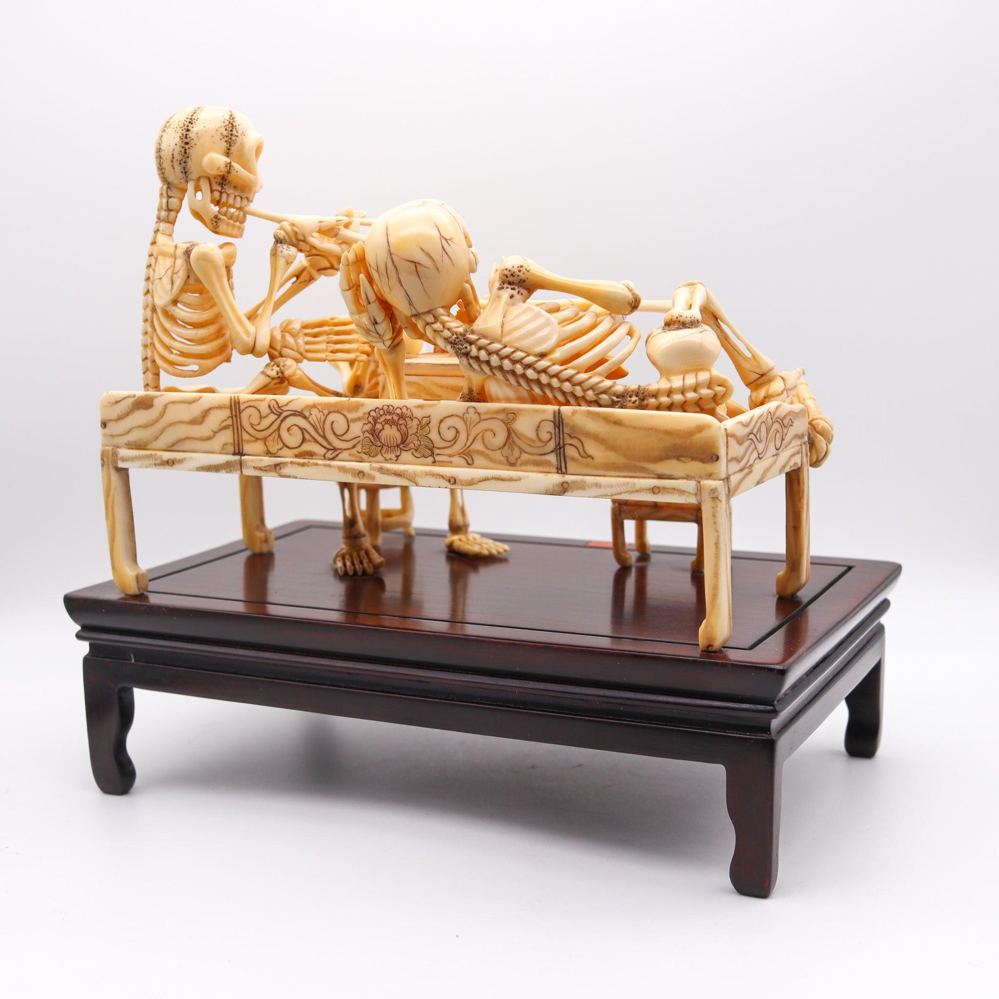 Wood JAPAN 1890 Meiji Period Okimono Sculpture Of A Group Of Skeletons Smoking For Sale