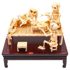 JAPAN 1890 Meiji Period Okimono Sculpture Of A Group Of Skeletons Smoking